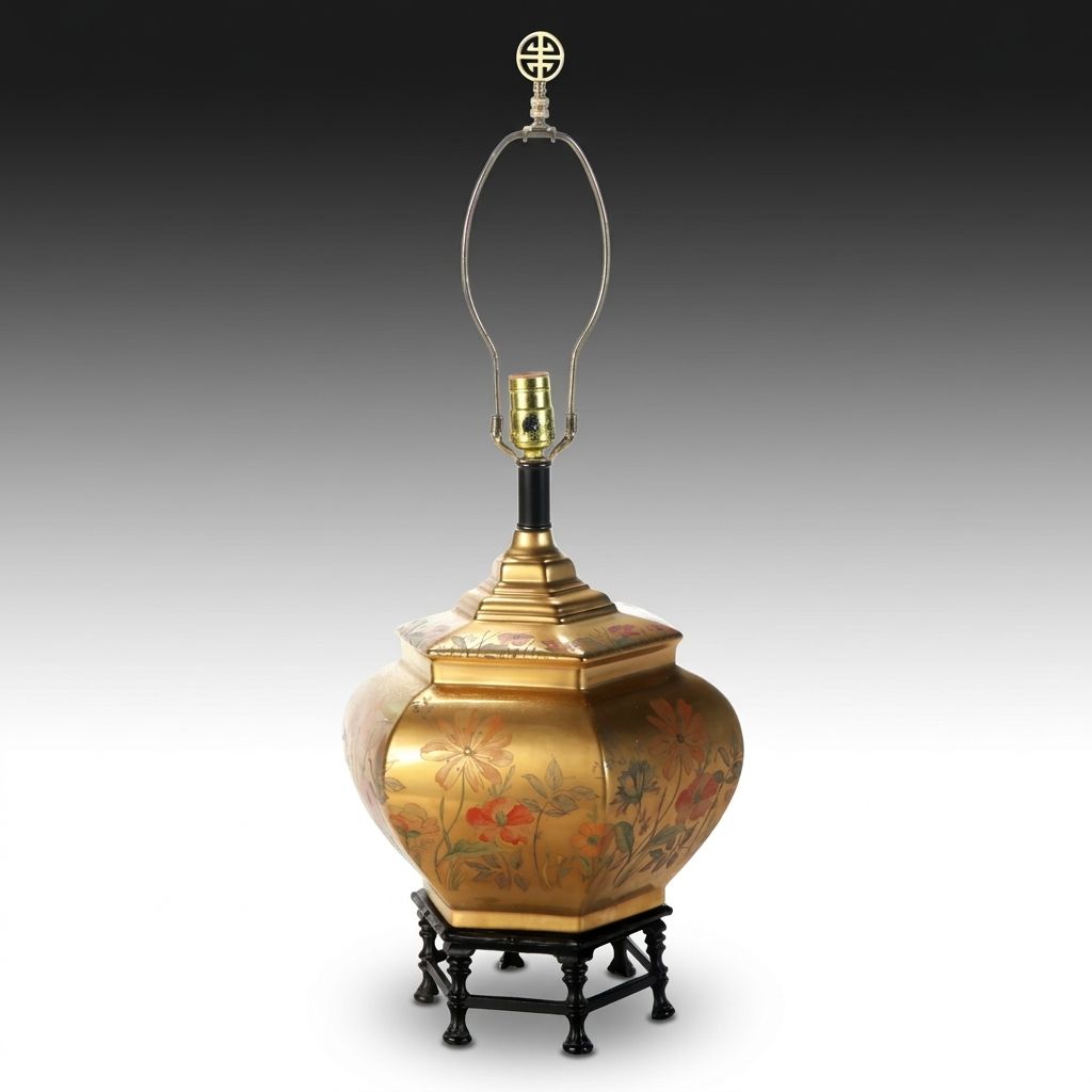 Chinese Hand-Painted Gold Enamel Hexagonal Table Lamp with Cast Metal Base