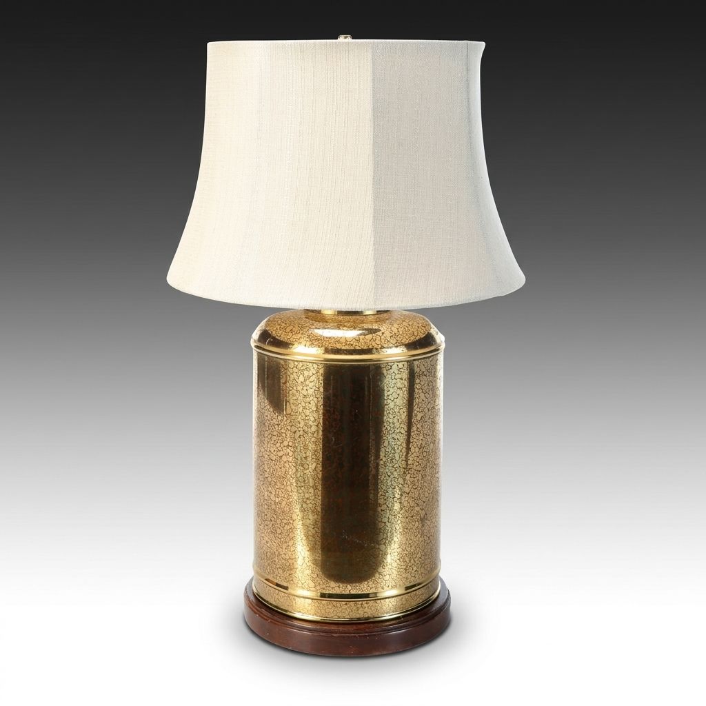 Chinese Brass Finish Tea Canister Table Lamp with Textured Bell Shade