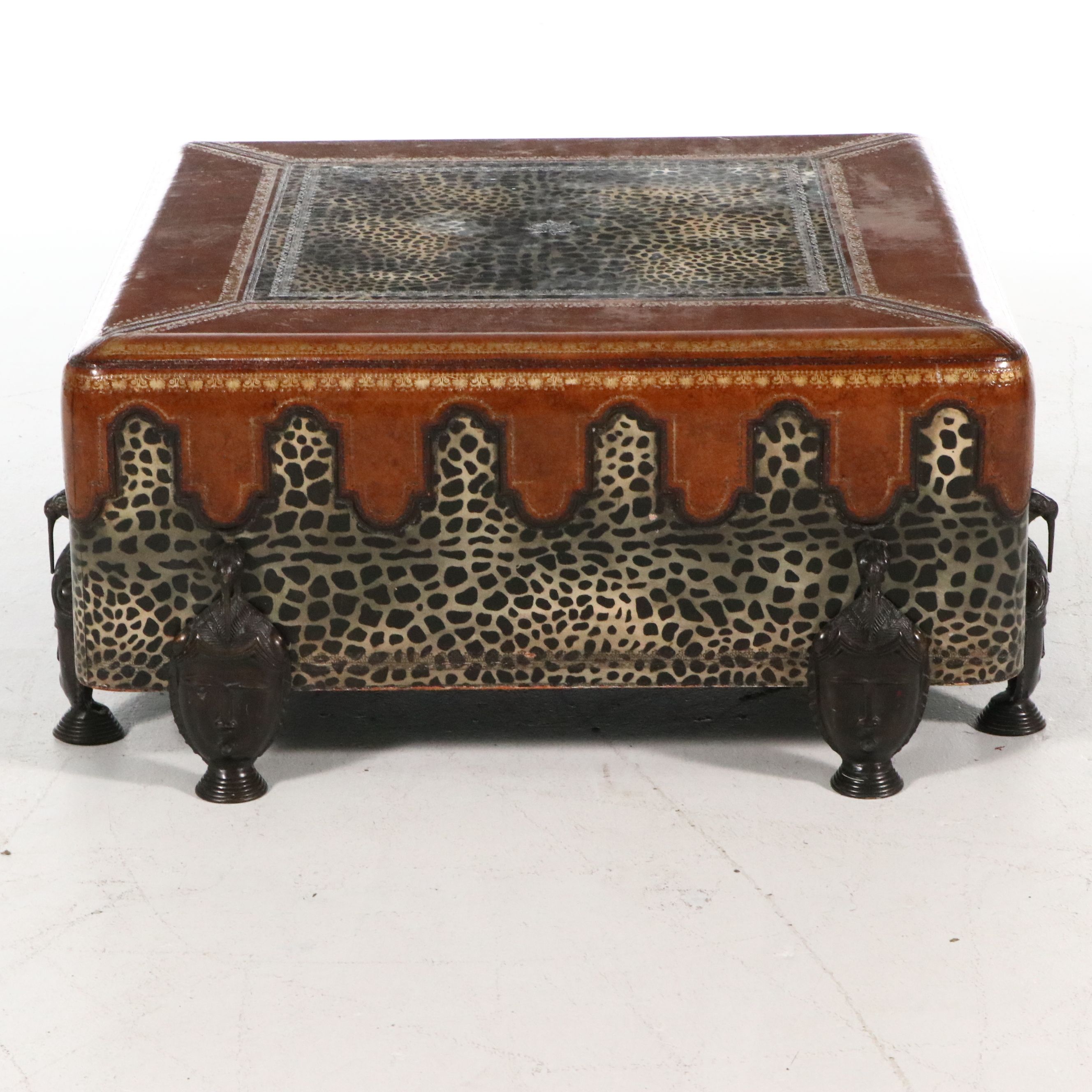 Maitland-Smith Leather and Animal Print Ottoman, Late 20th Century