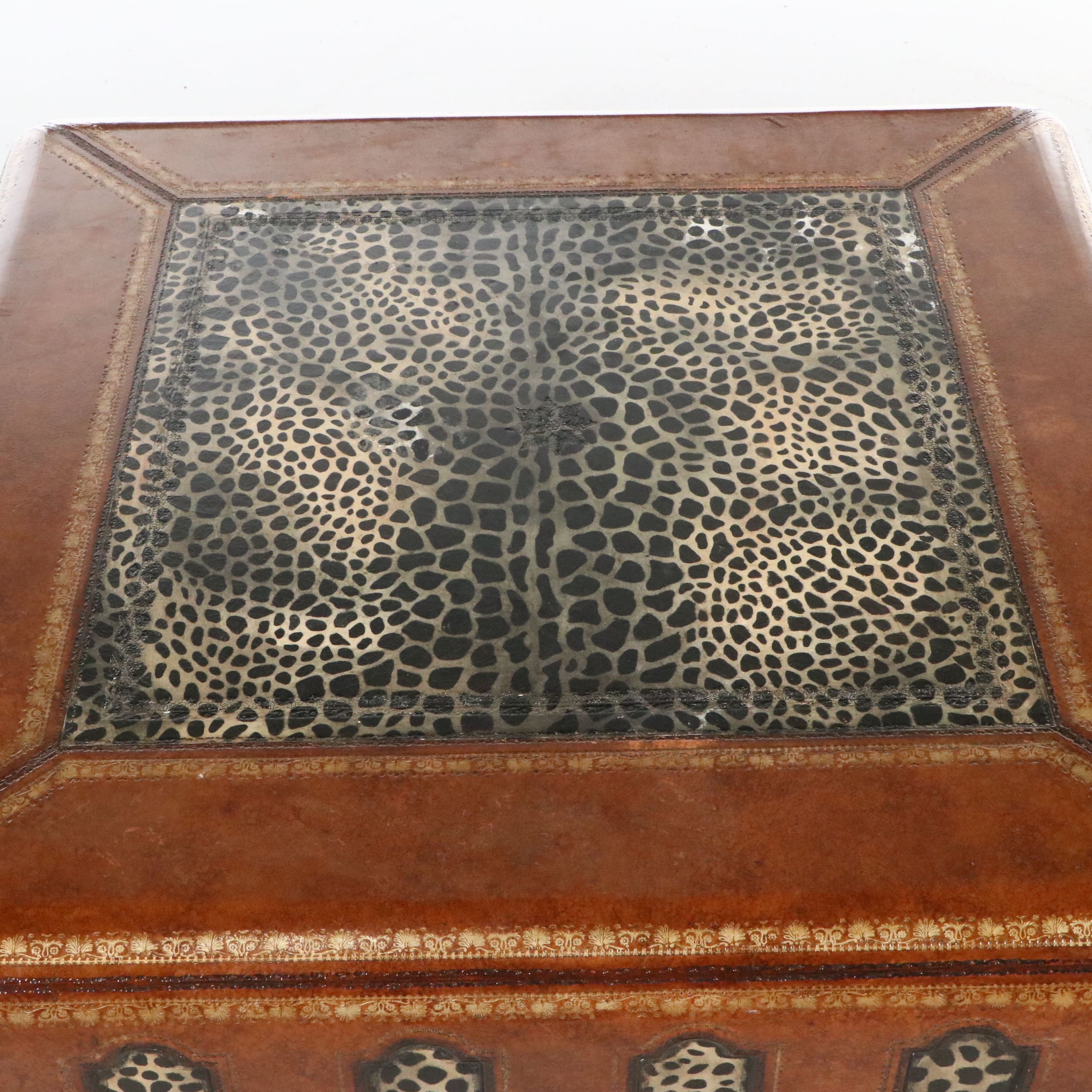 Maitland-Smith Leather and Animal Print Ottoman, Late 20th Century