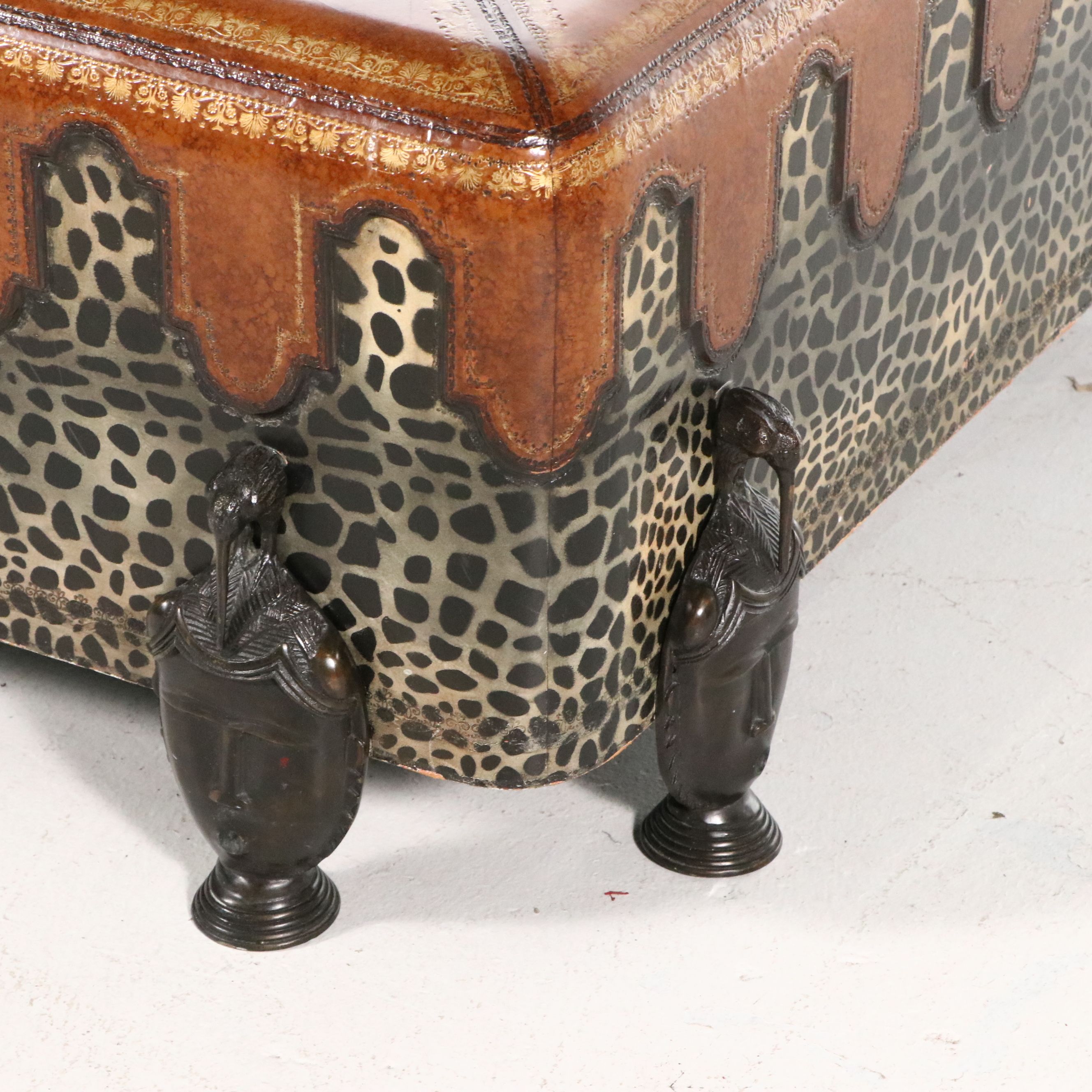 Maitland-Smith Leather and Animal Print Ottoman, Late 20th Century