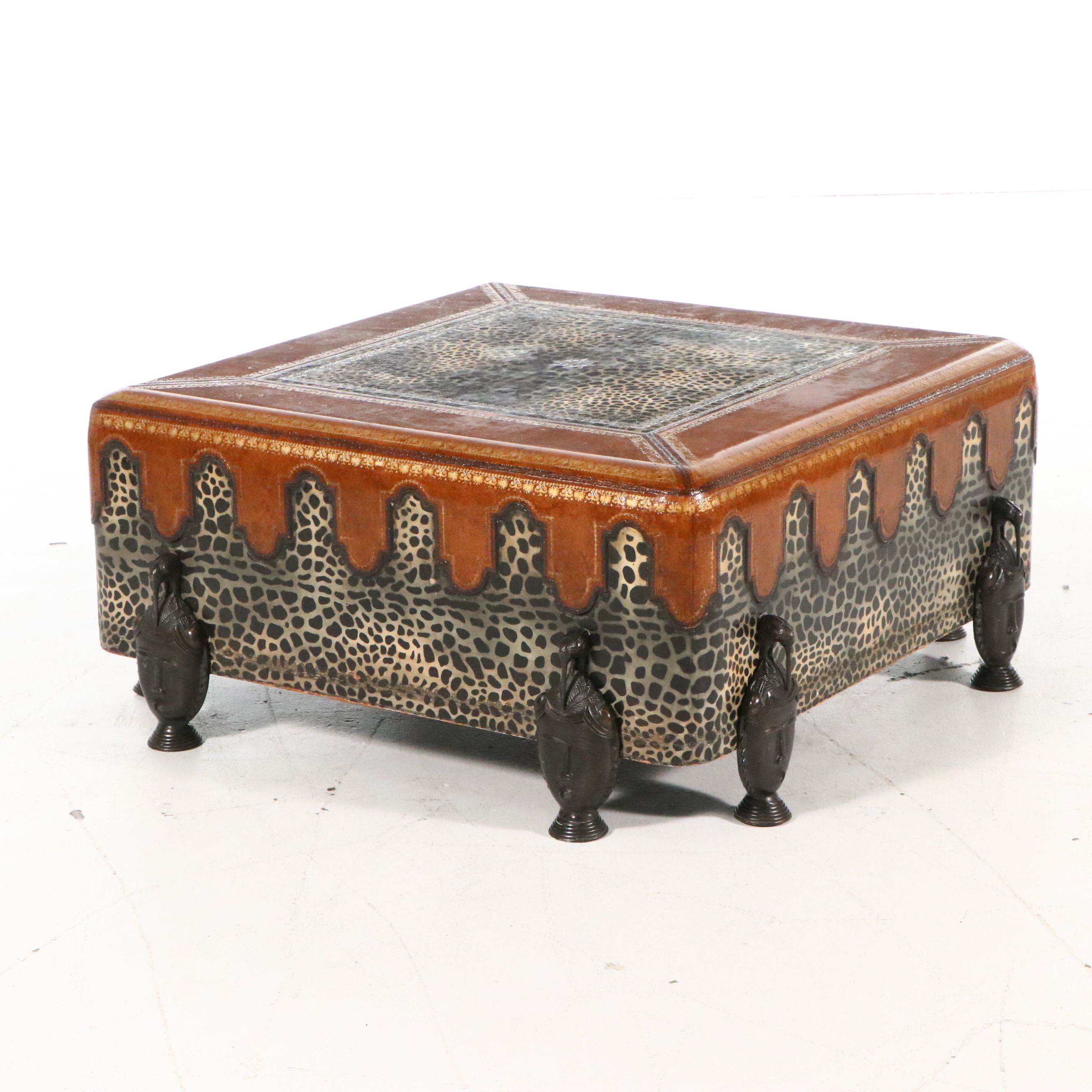 Maitland-Smith Leather and Animal Print Ottoman, Late 20th Century
