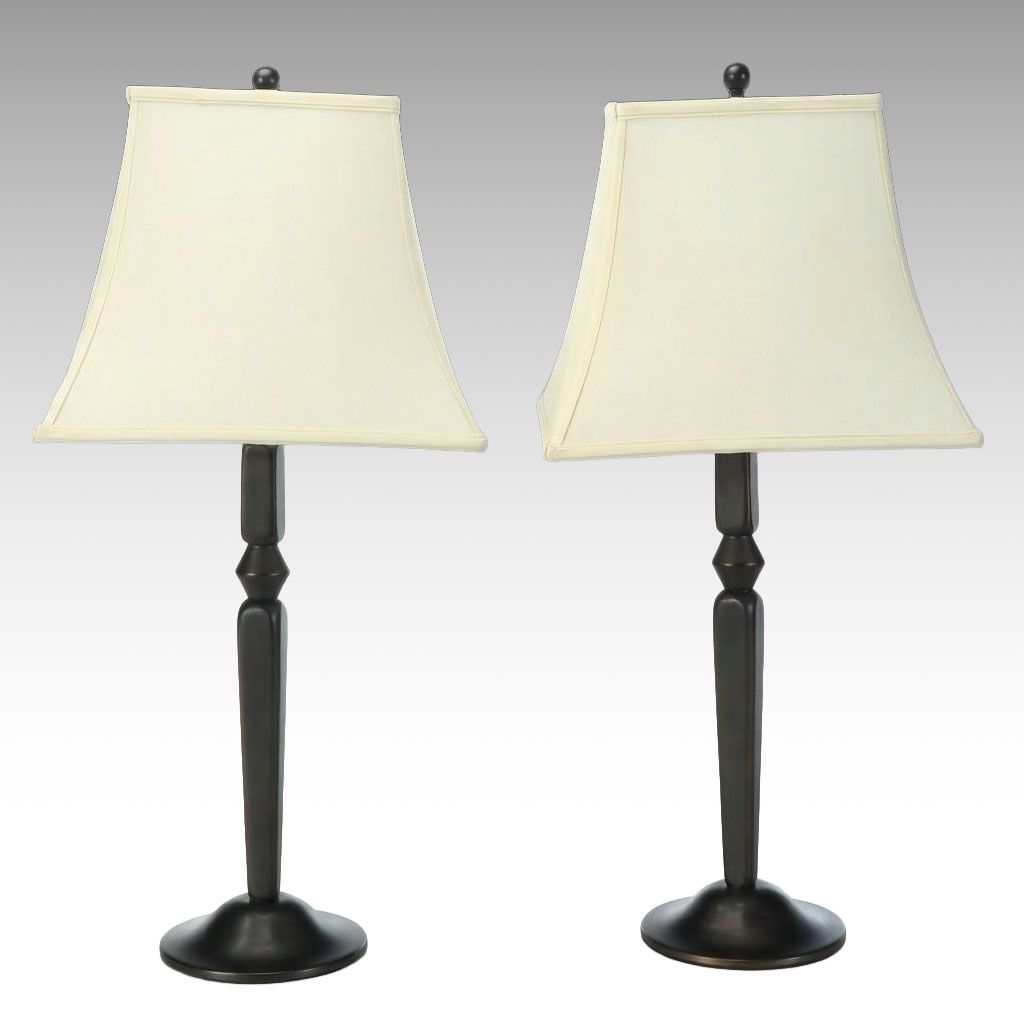 Pair of Oil Rubber Bronze Table Lamps with Tapered Shades