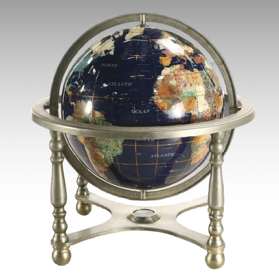 Gemstone Inlaid Globe on Footed Brass Finish Compass Stand