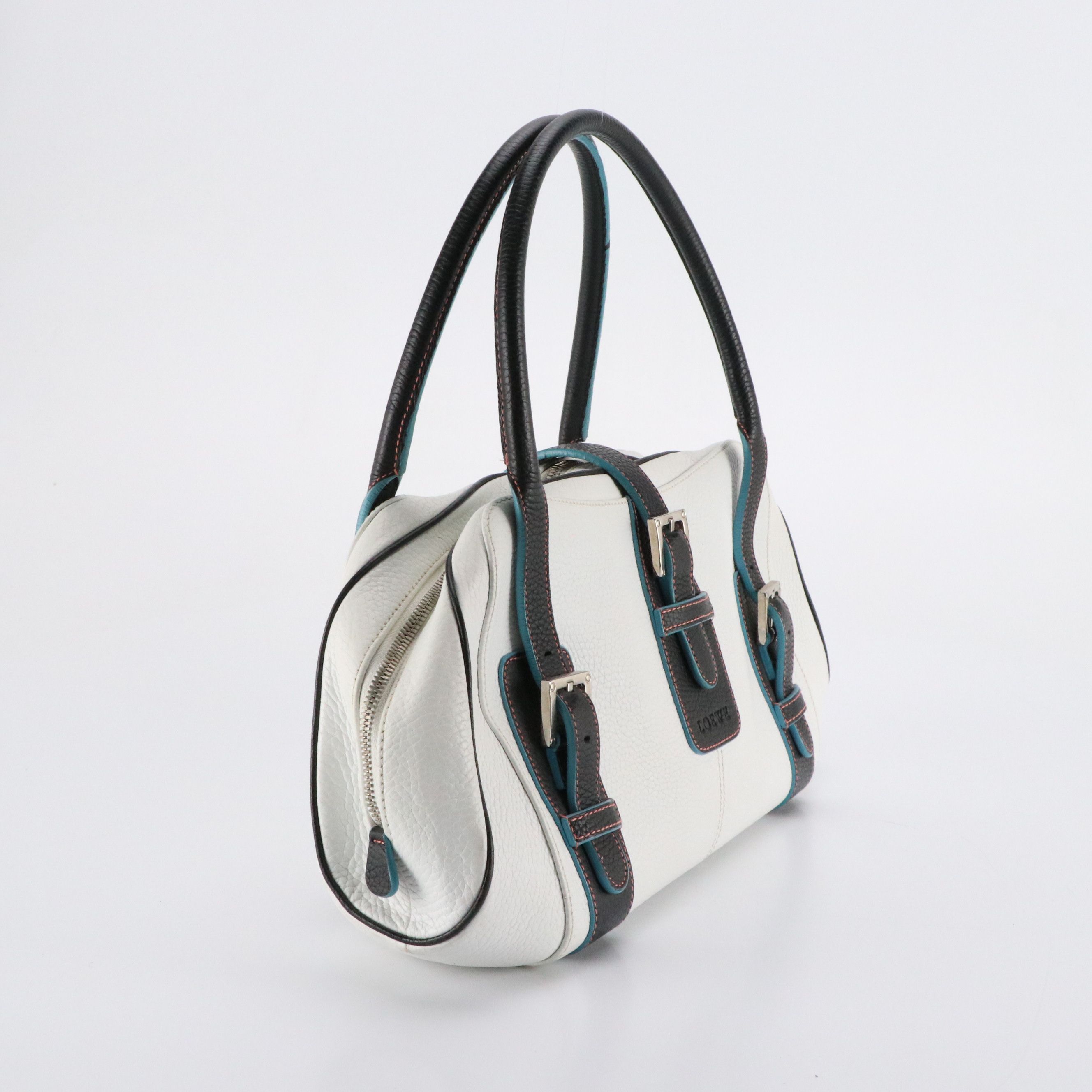Loewe Senda Shoulder Bag in B&W Grained Leather with Blue Accents