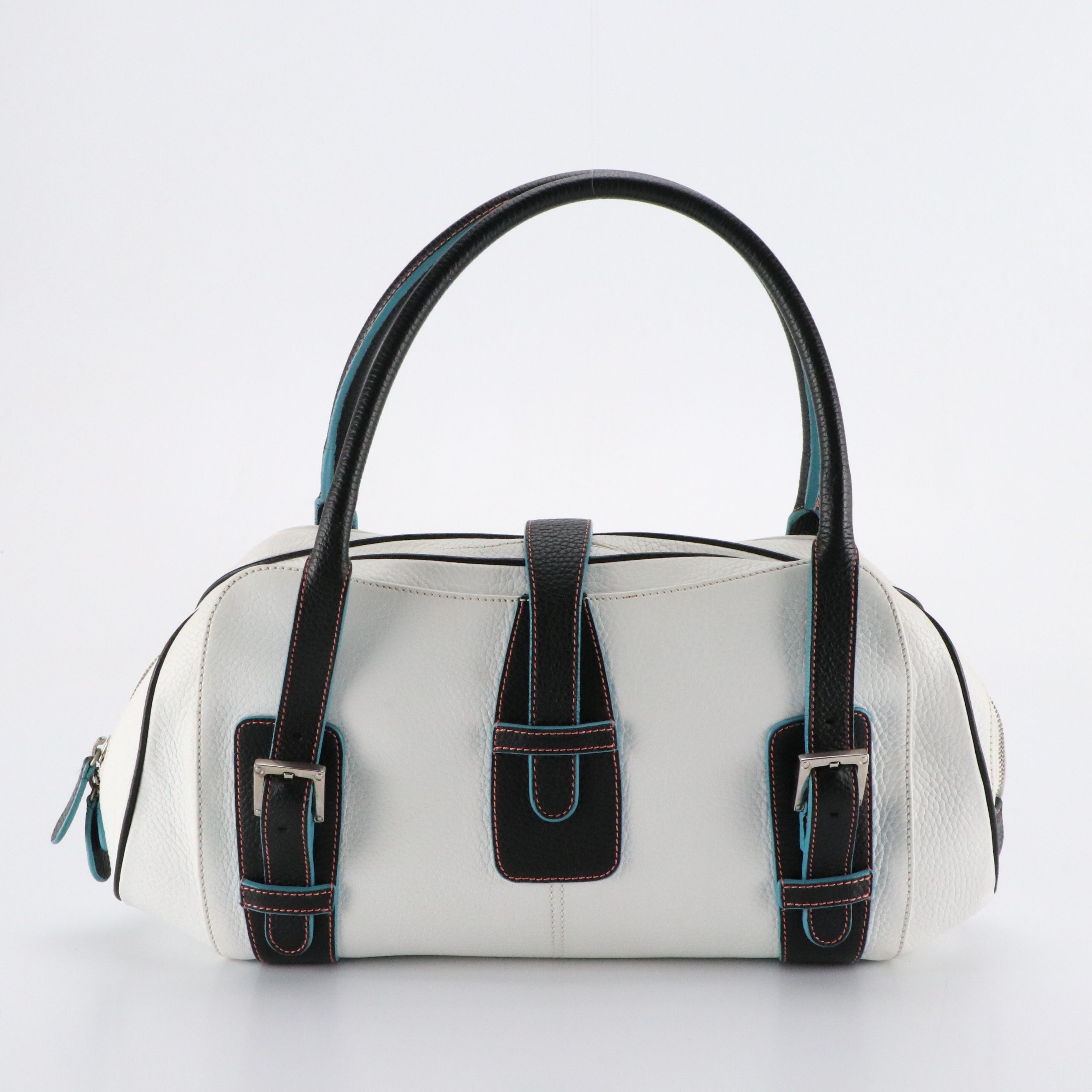 Loewe Senda Shoulder Bag in B&W Grained Leather with Blue Accents