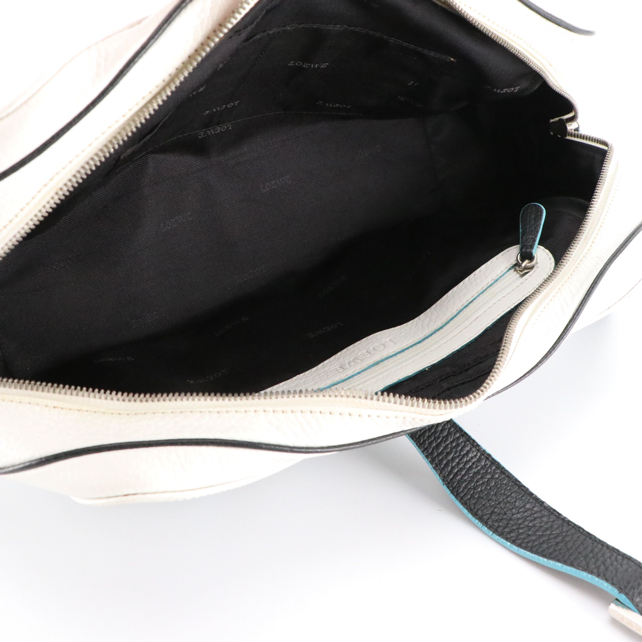 Loewe Senda Shoulder Bag in B&W Grained Leather with Blue Accents