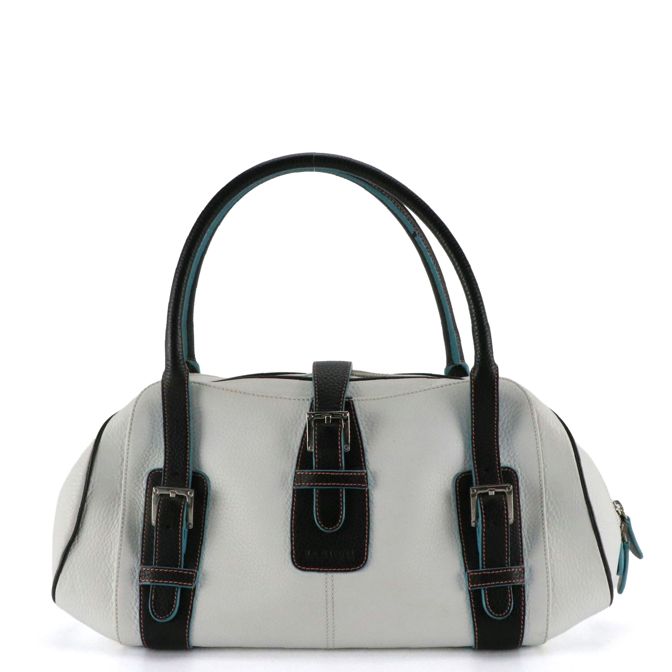 Loewe Senda Shoulder Bag in B&W Grained Leather with Blue Accents