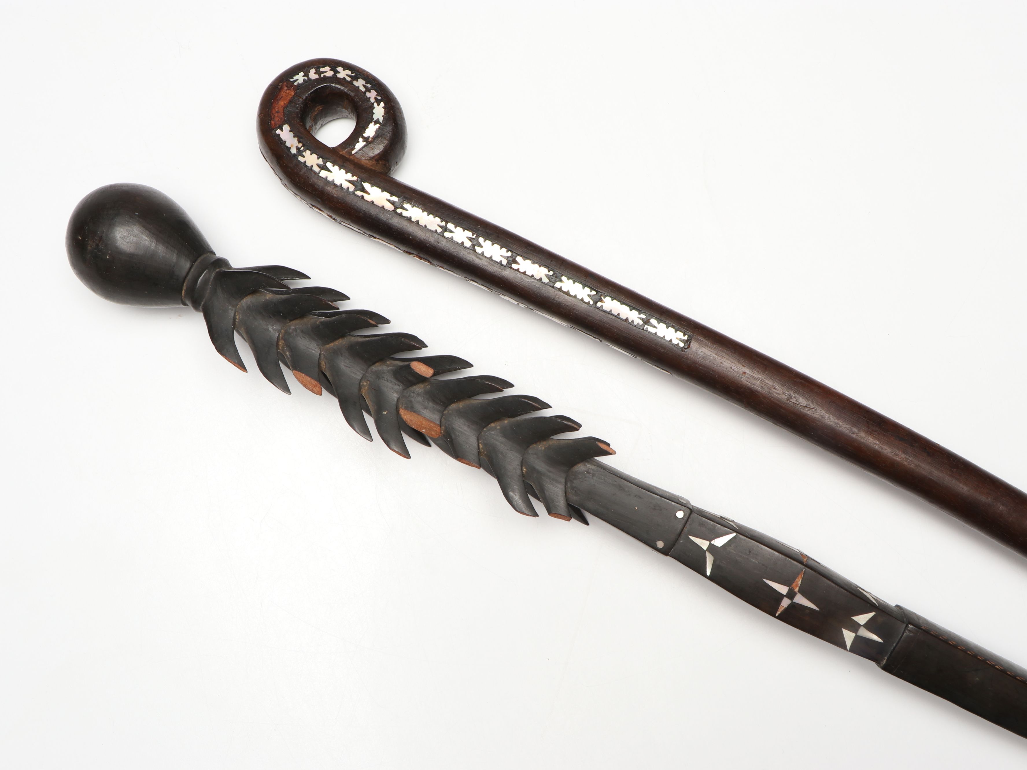 Solomon Islands Rennell Island Staff and Other Mother-of-Pearl Inlaid Wood Staff