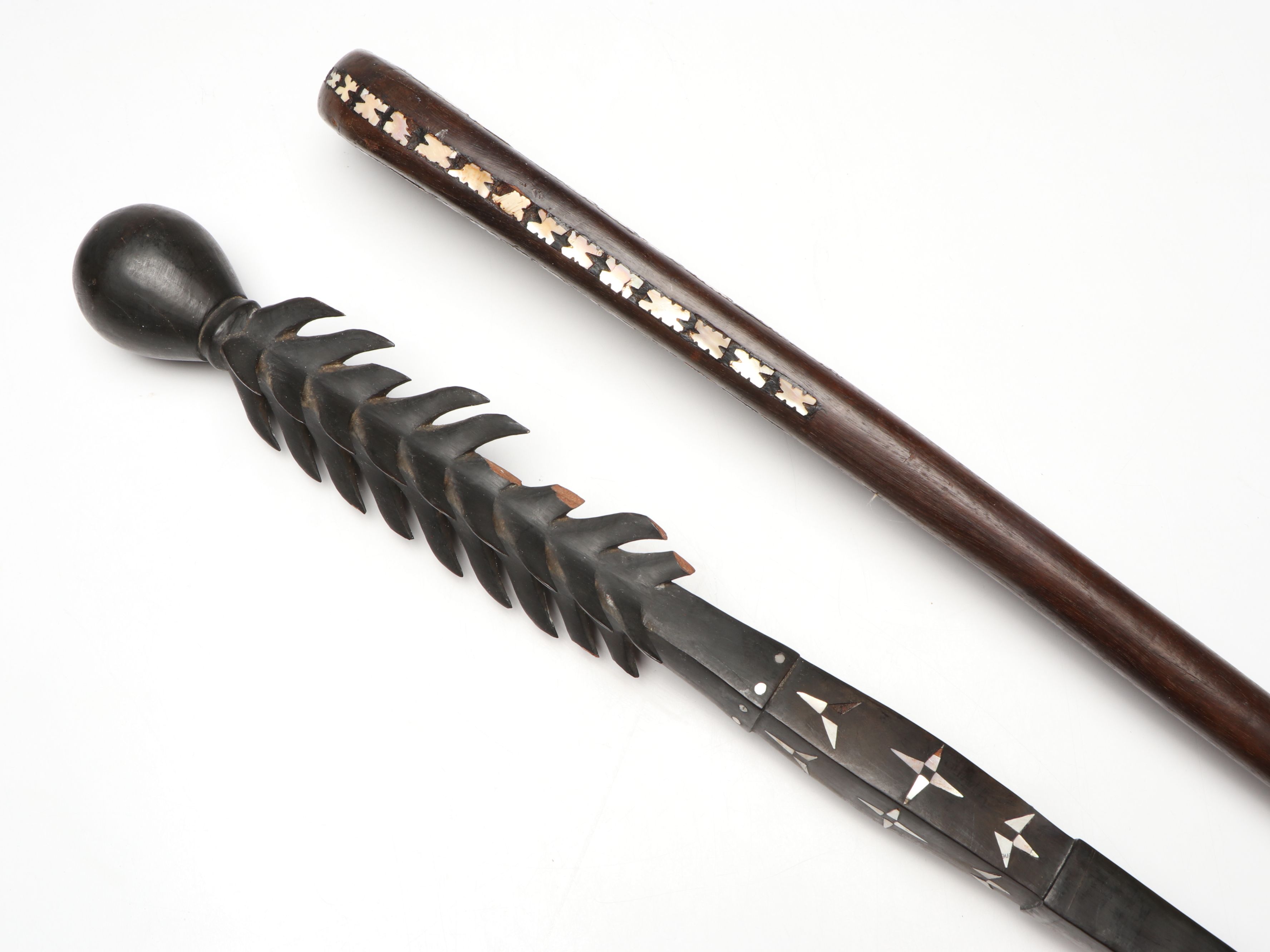 Solomon Islands Rennell Island Staff and Other Mother-of-Pearl Inlaid Wood Staff