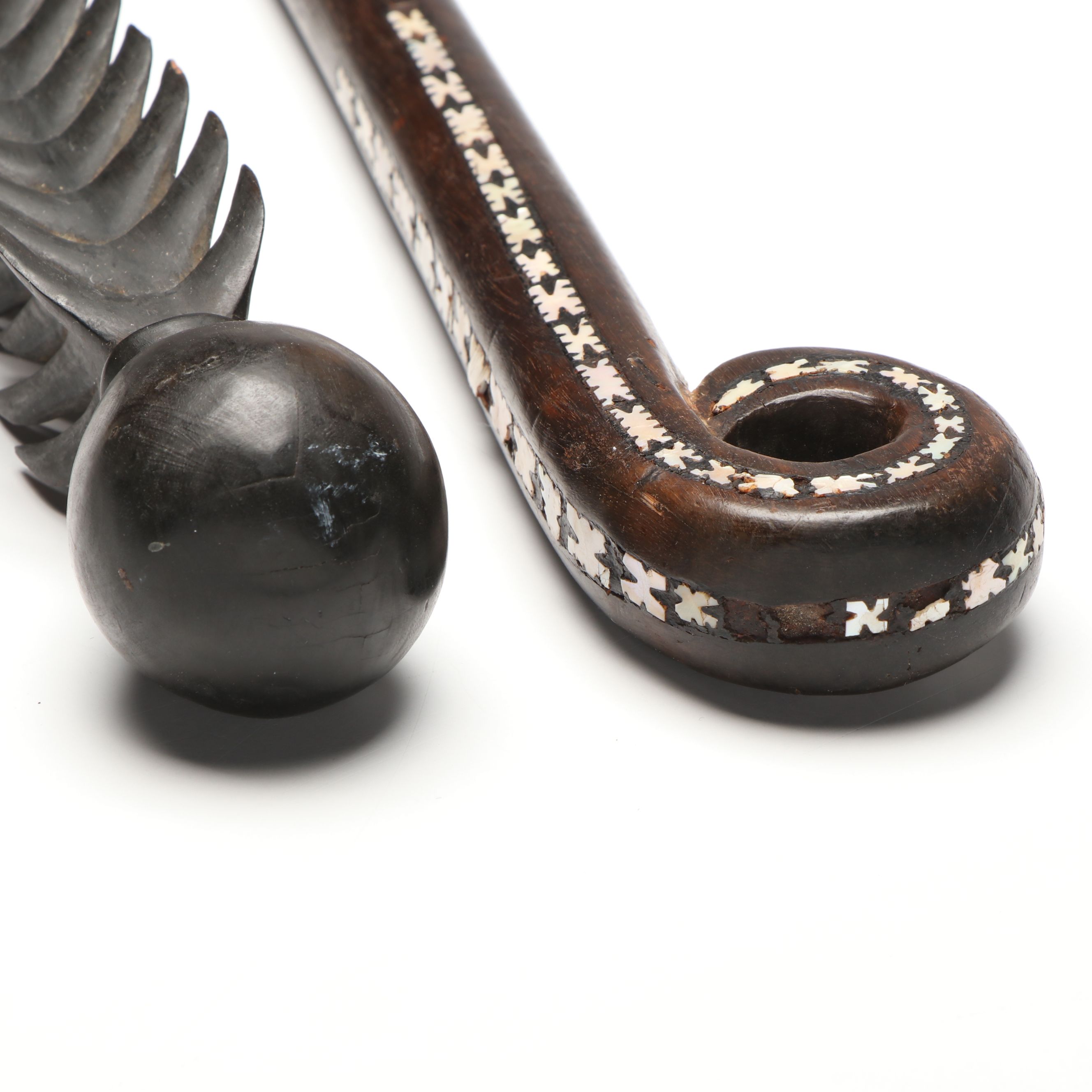 Solomon Islands Rennell Island Staff and Other Mother-of-Pearl Inlaid Wood Staff