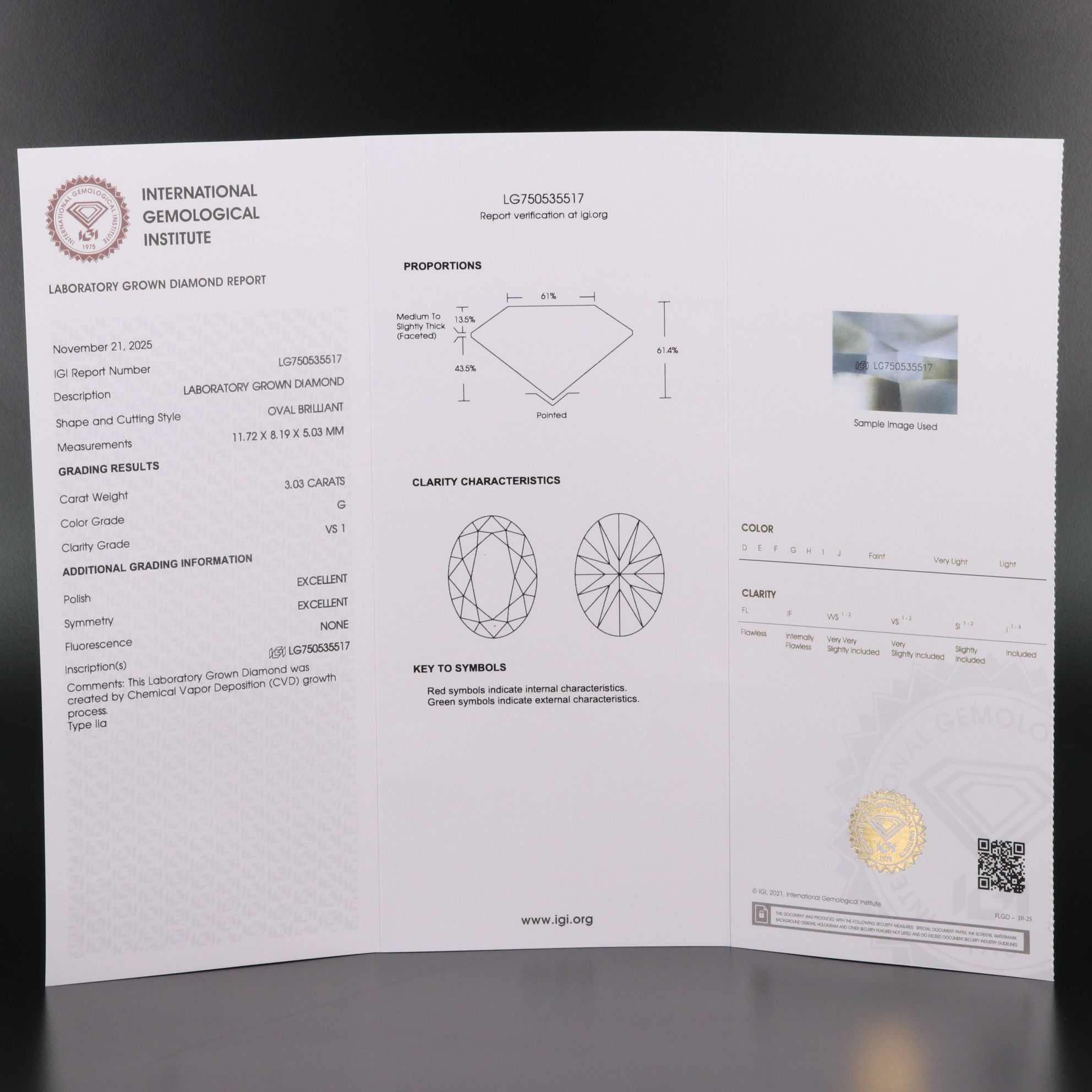 Loose 3.03 CT Lab Grown Diamond with IGI Report