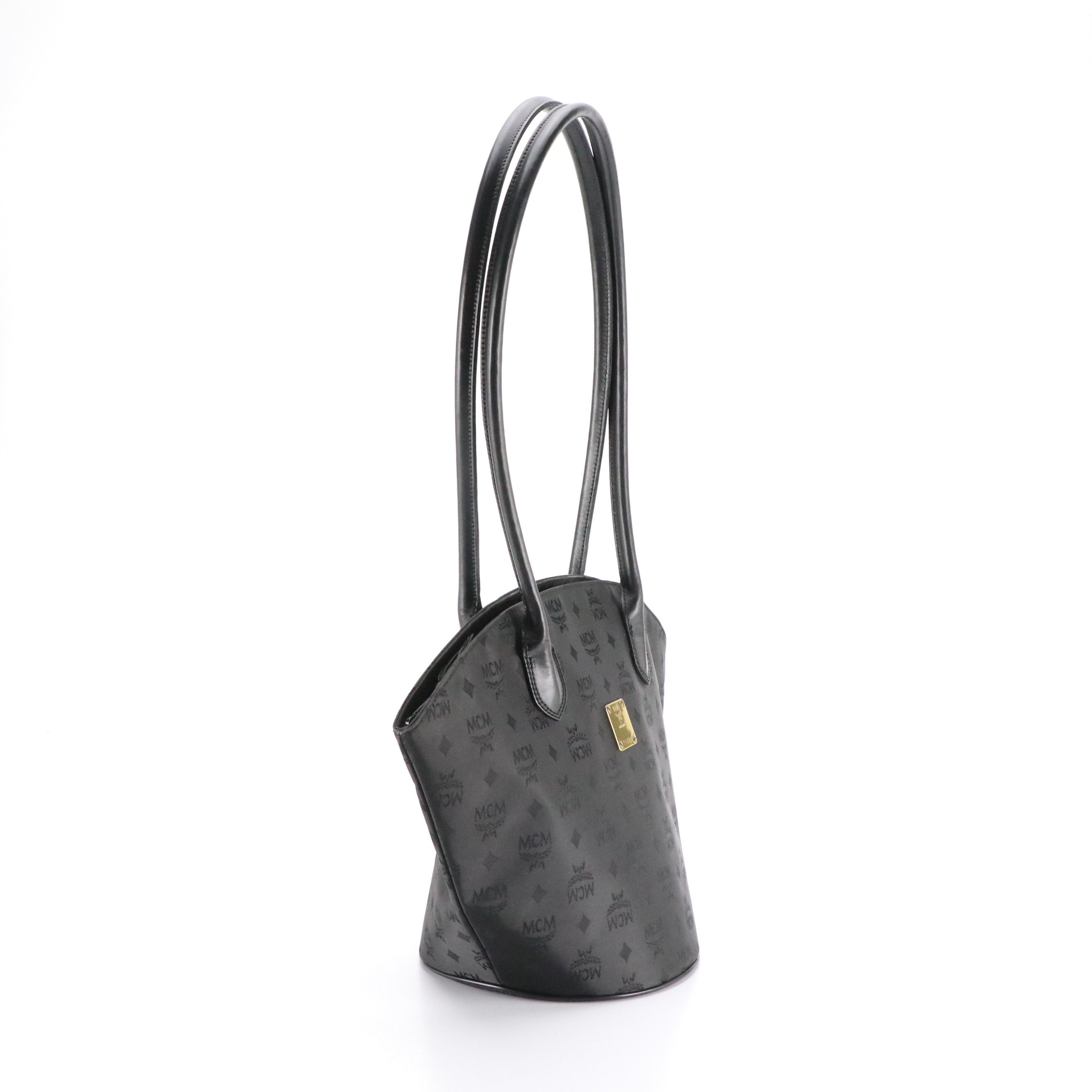 MCM Long Handle Bucket Bag in Black Monogram Nylon Jacquard and Leather