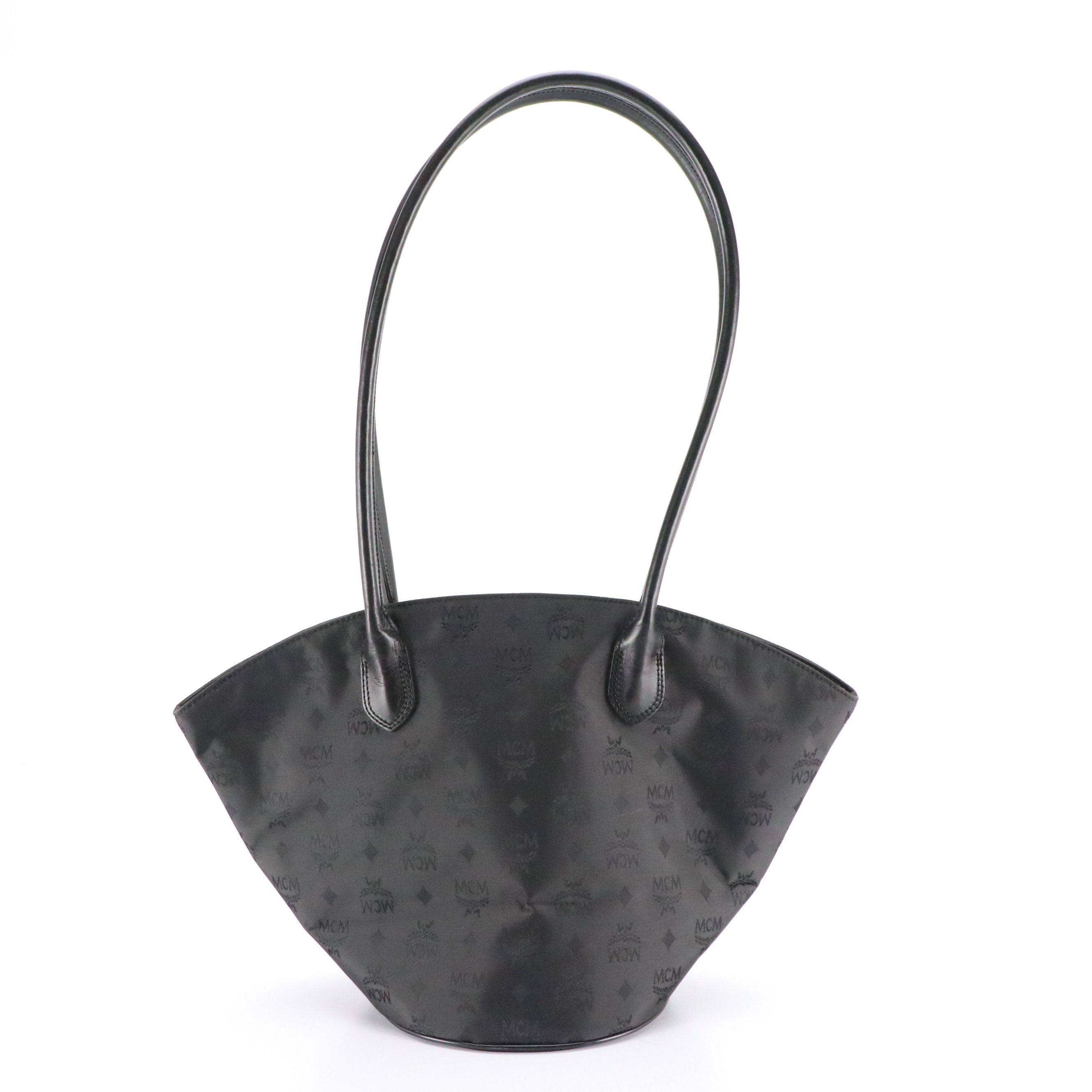 MCM Long Handle Bucket Bag in Black Monogram Nylon Jacquard and Leather