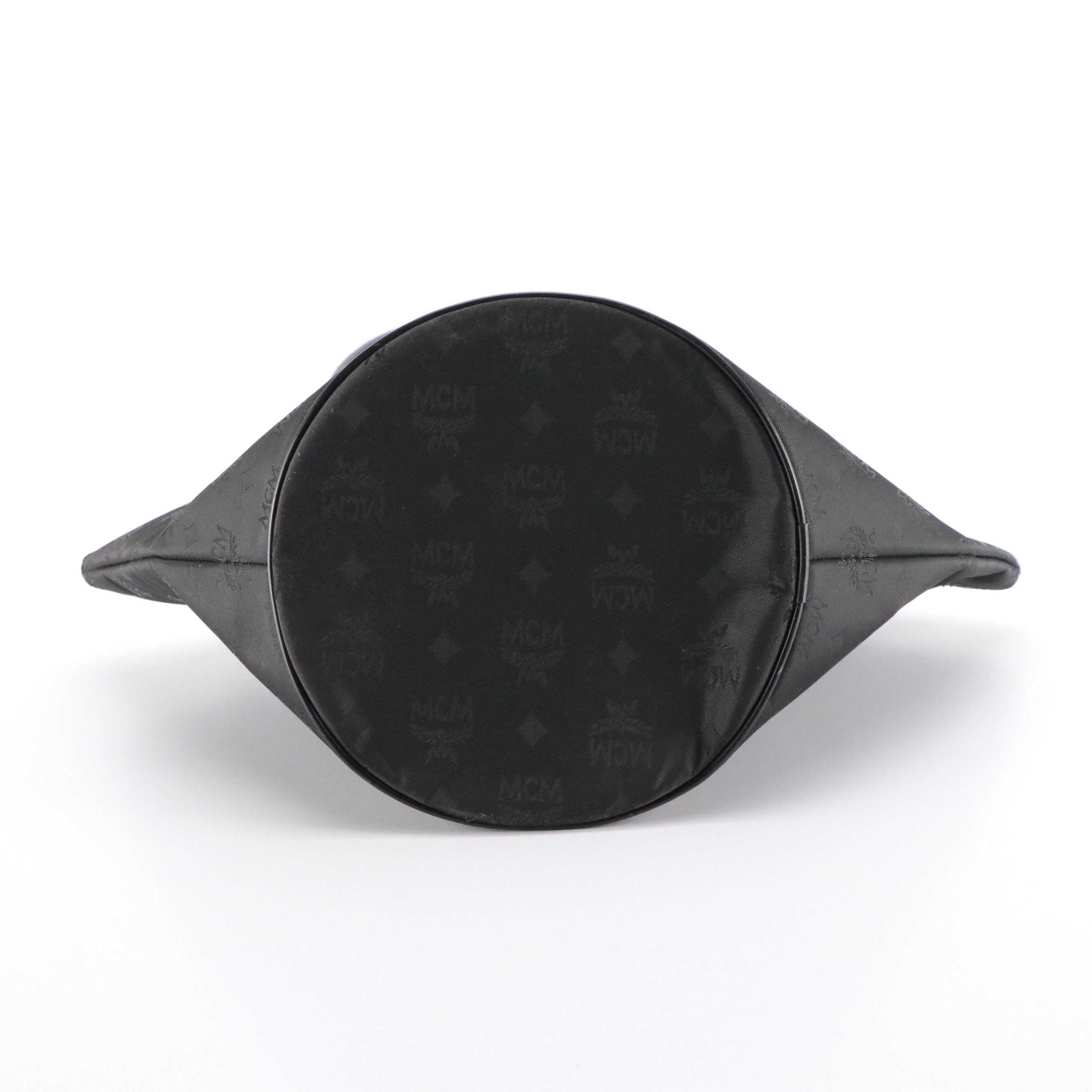 MCM Long Handle Bucket Bag in Black Monogram Nylon Jacquard and Leather