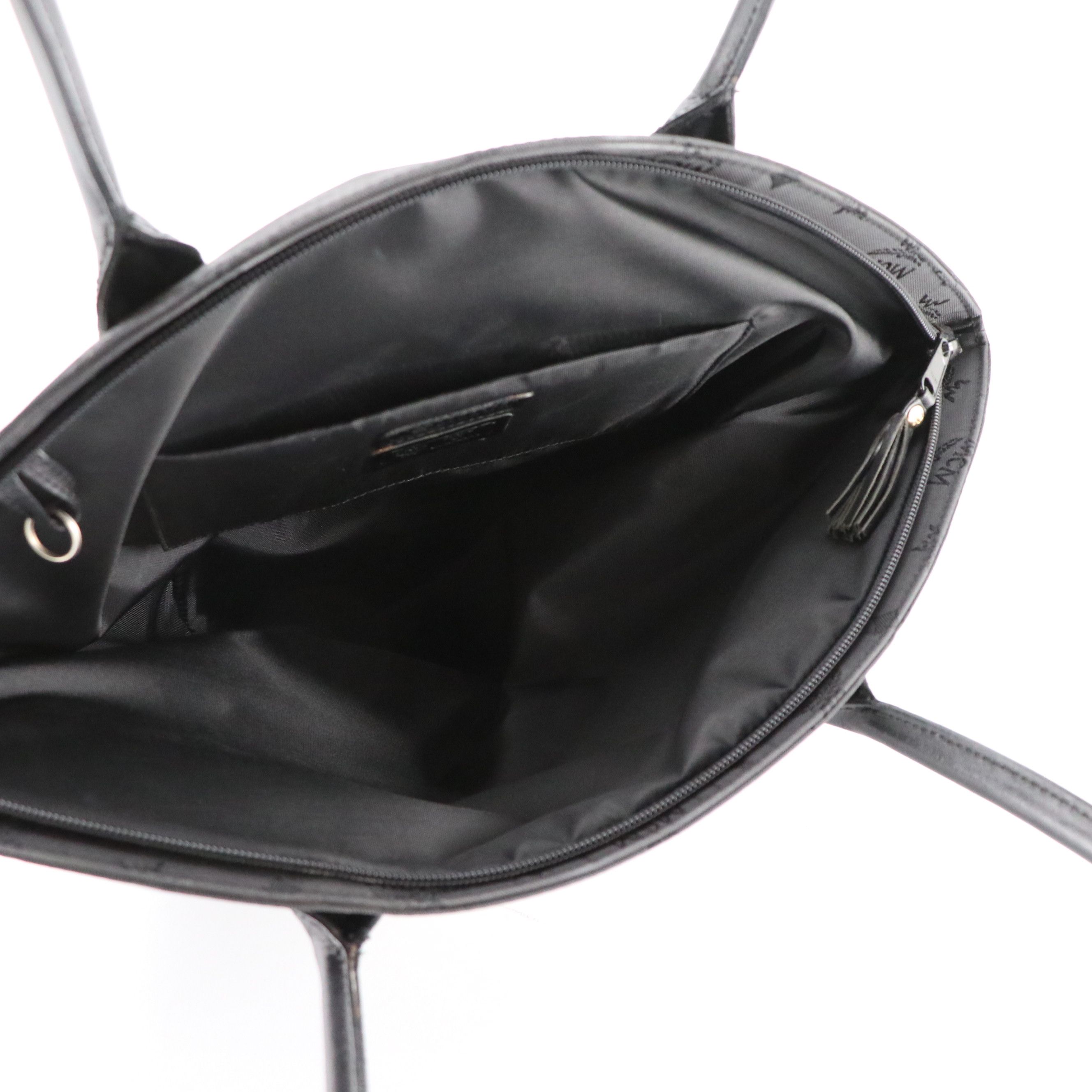 MCM Long Handle Bucket Bag in Black Monogram Nylon Jacquard and Leather