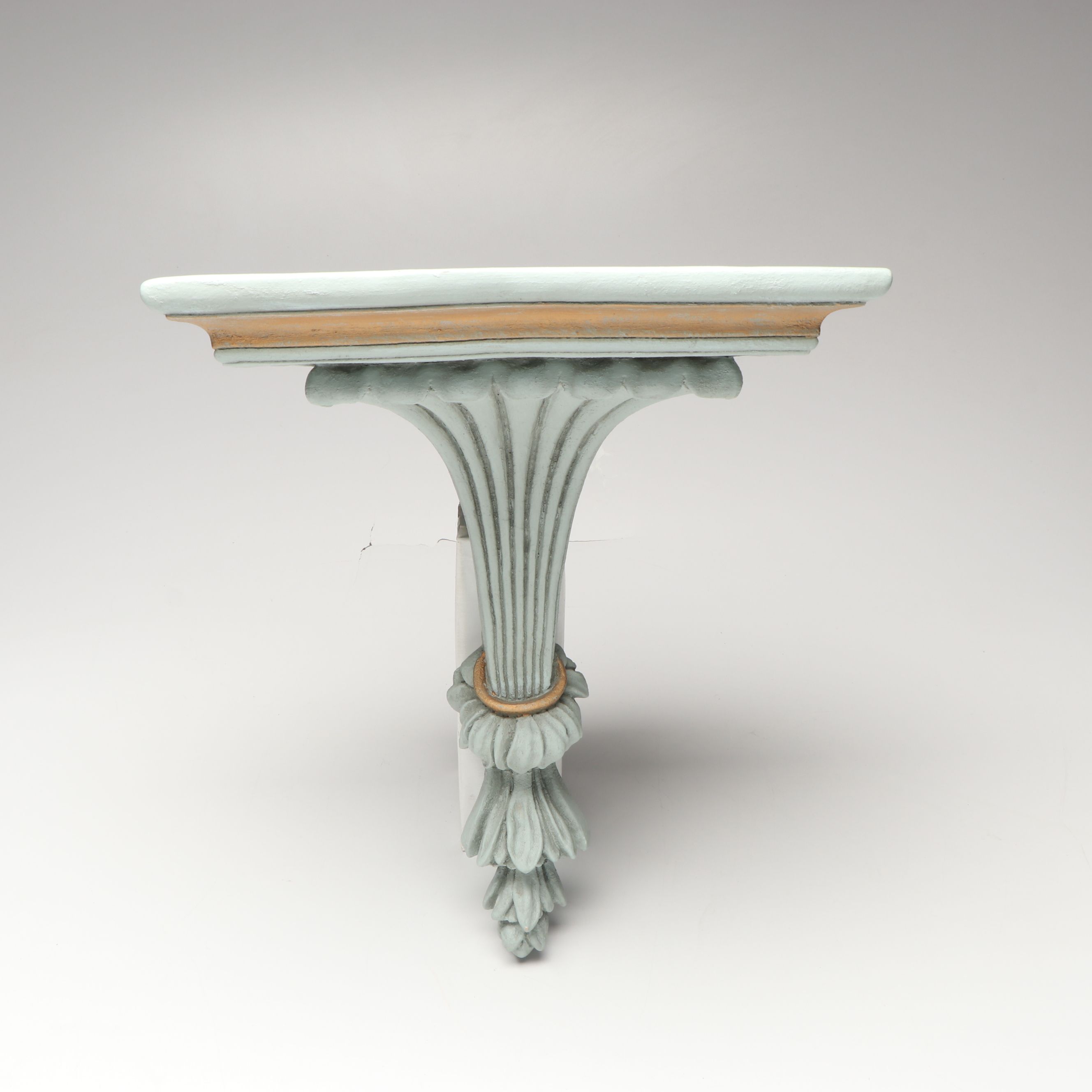 Mexican Stampwork Metal Garniture Pair and Fluted Decorative Wooden Wall Corbel