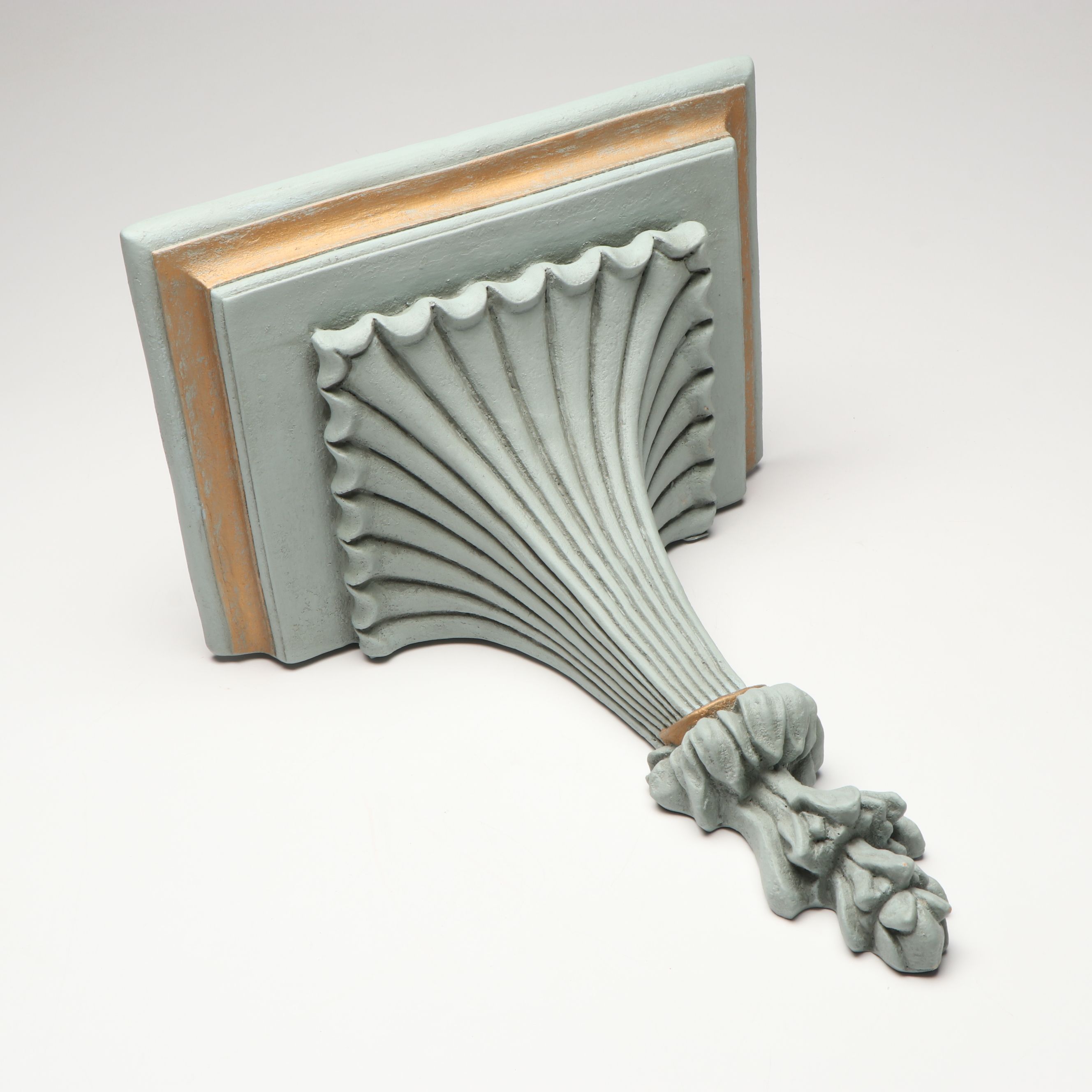 Mexican Stampwork Metal Garniture Pair and Fluted Decorative Wooden Wall Corbel