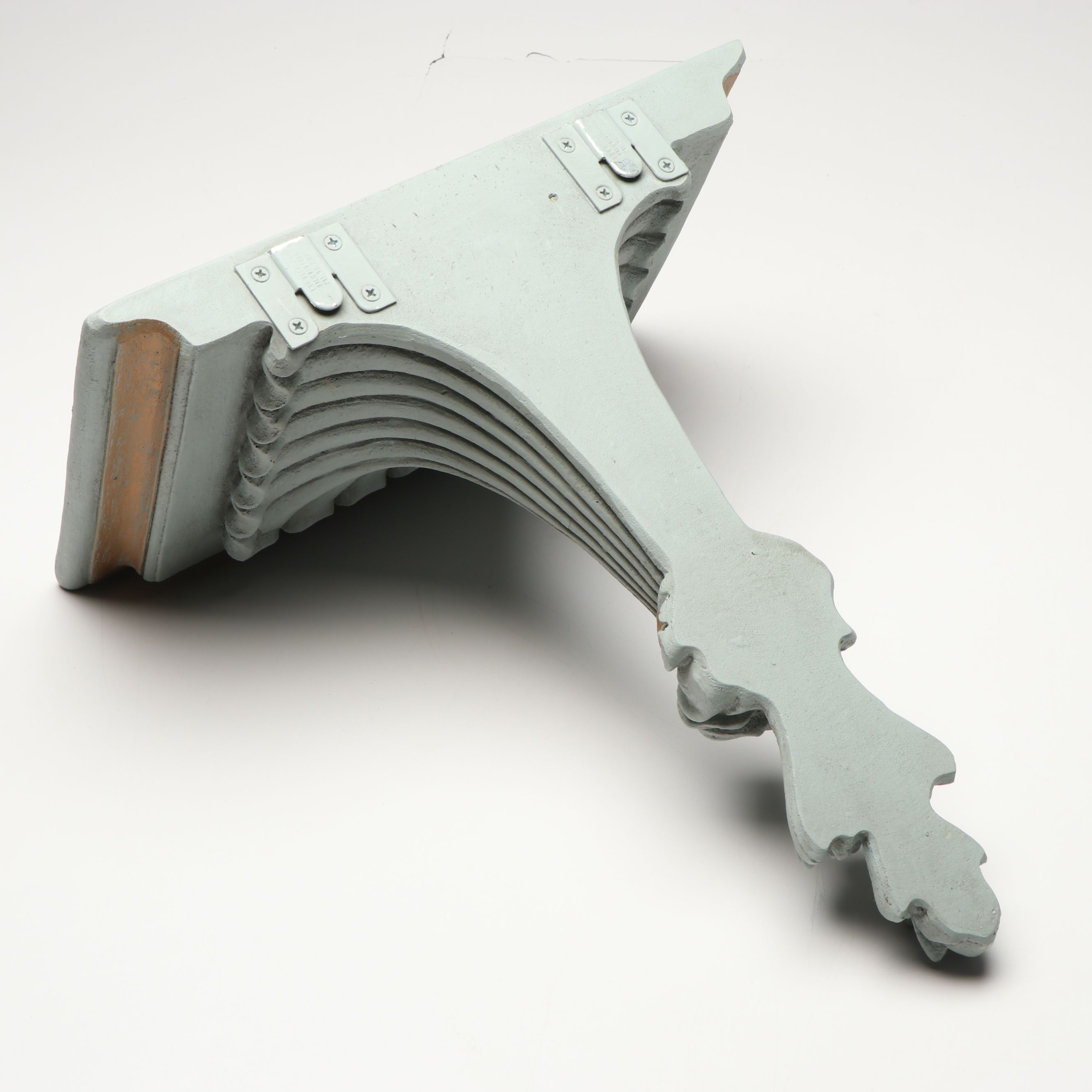 Mexican Stampwork Metal Garniture Pair and Fluted Decorative Wooden Wall Corbel