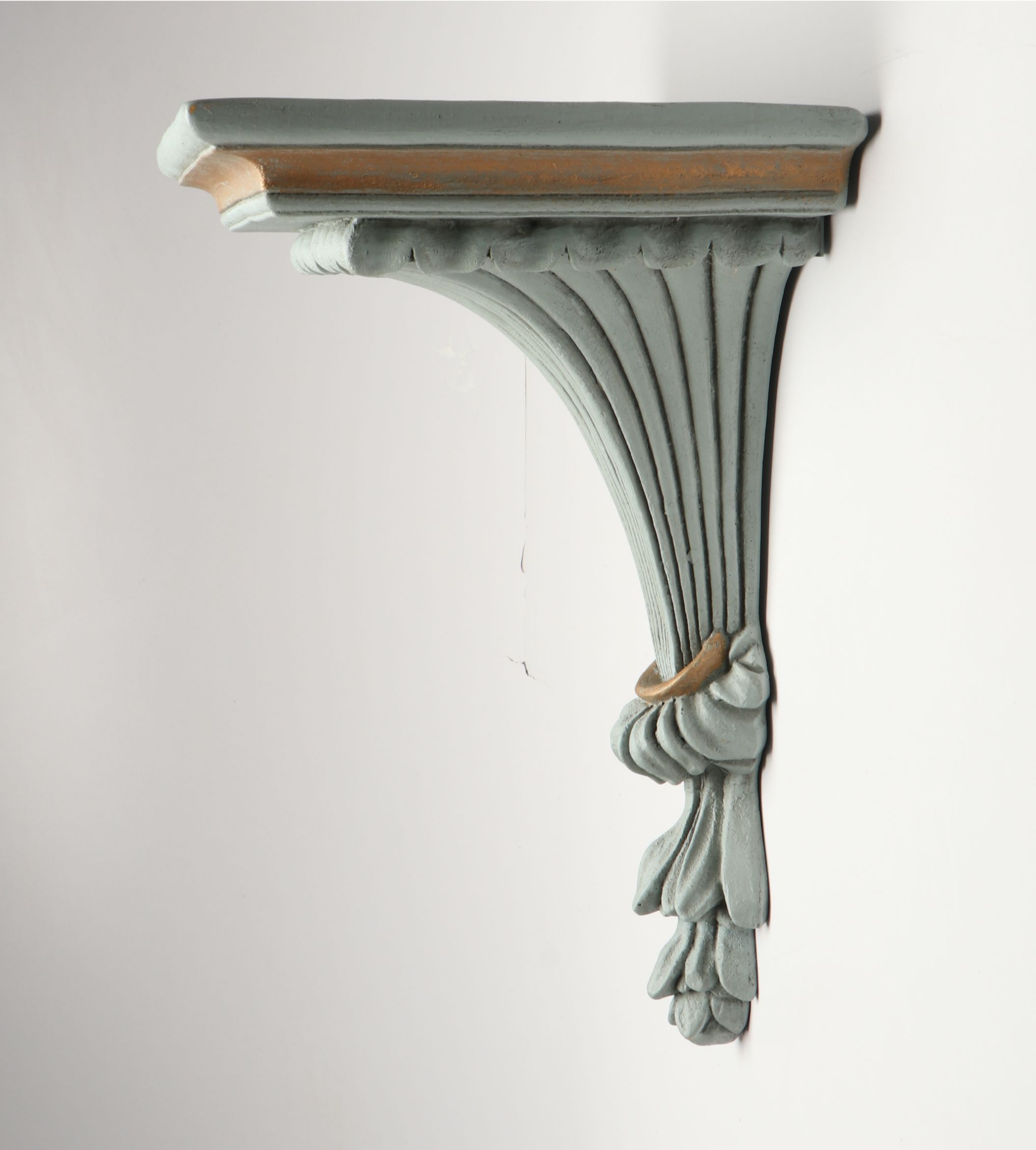 Mexican Stampwork Metal Garniture Pair and Fluted Decorative Wooden Wall Corbel