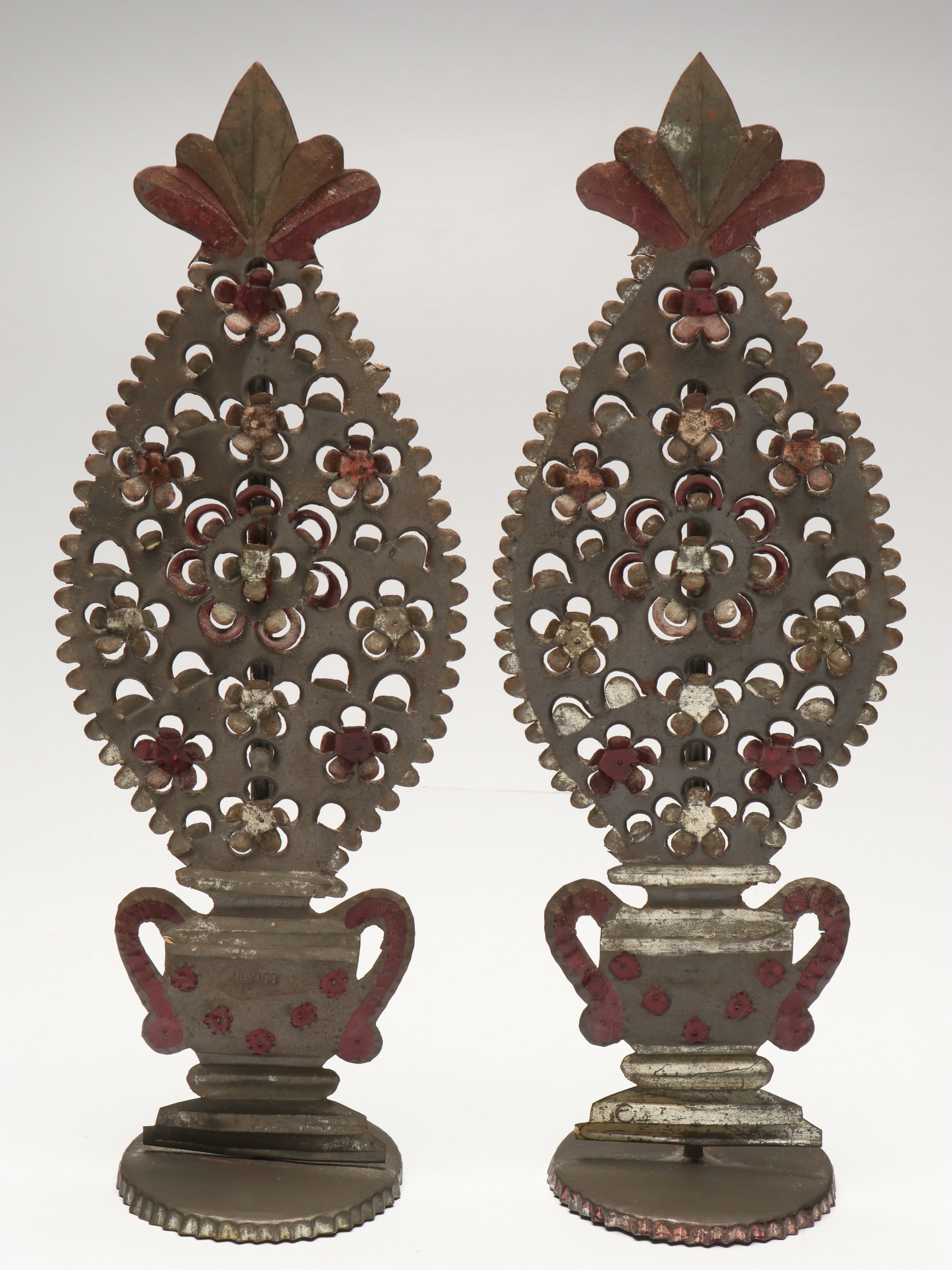 Mexican Stampwork Metal Garniture Pair and Fluted Decorative Wooden Wall Corbel