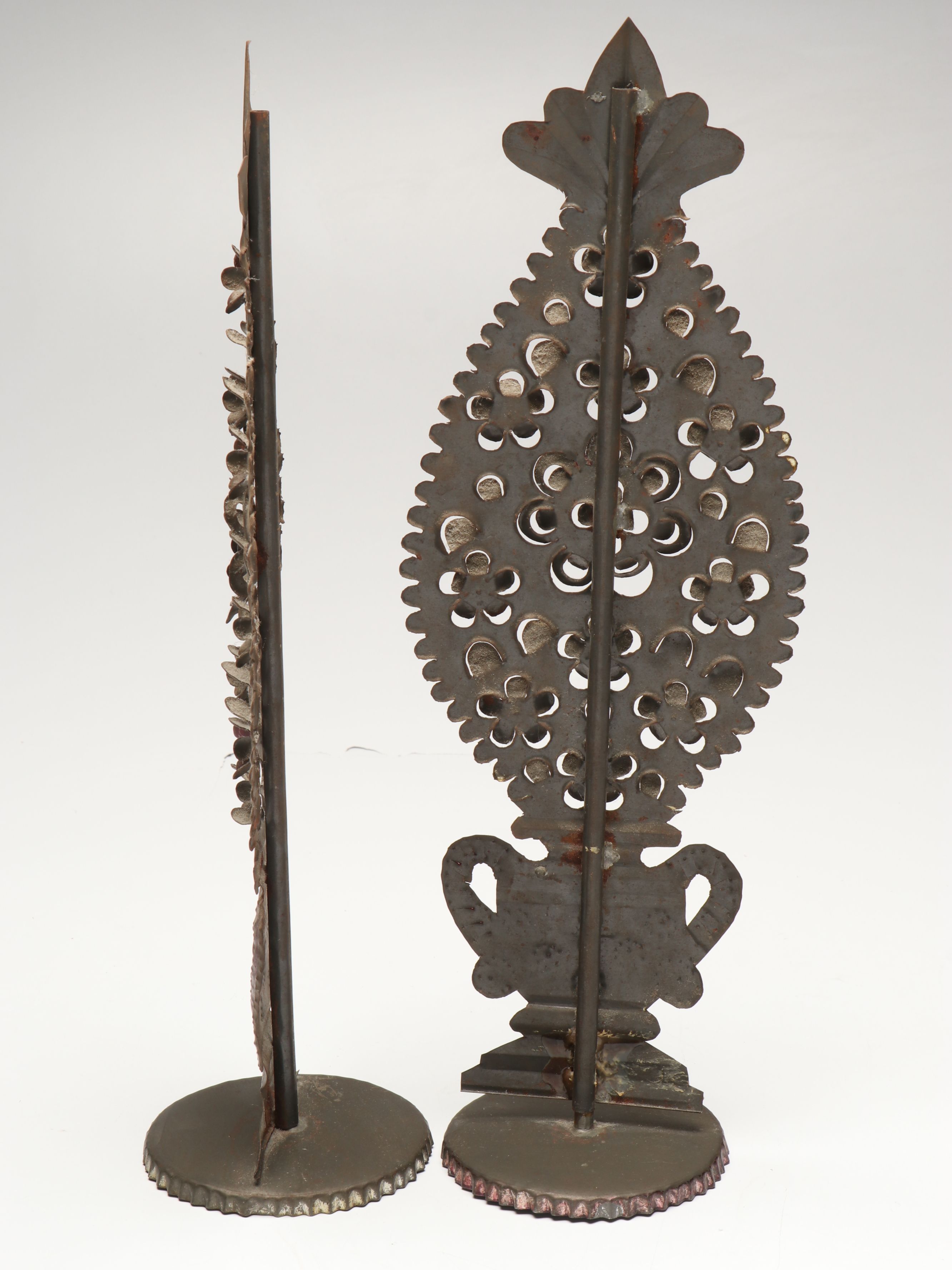 Mexican Stampwork Metal Garniture Pair and Fluted Decorative Wooden Wall Corbel