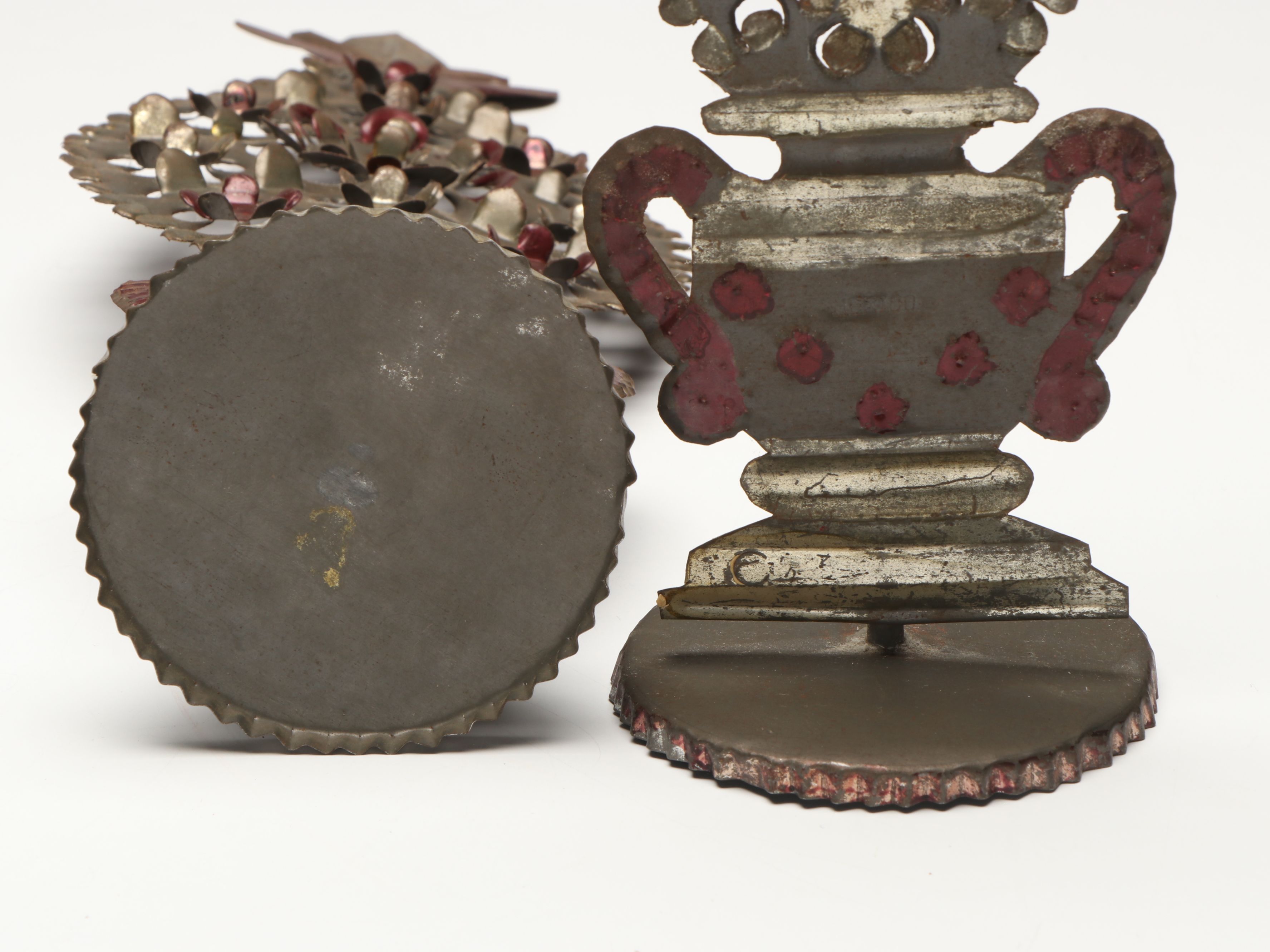 Mexican Stampwork Metal Garniture Pair and Fluted Decorative Wooden Wall Corbel