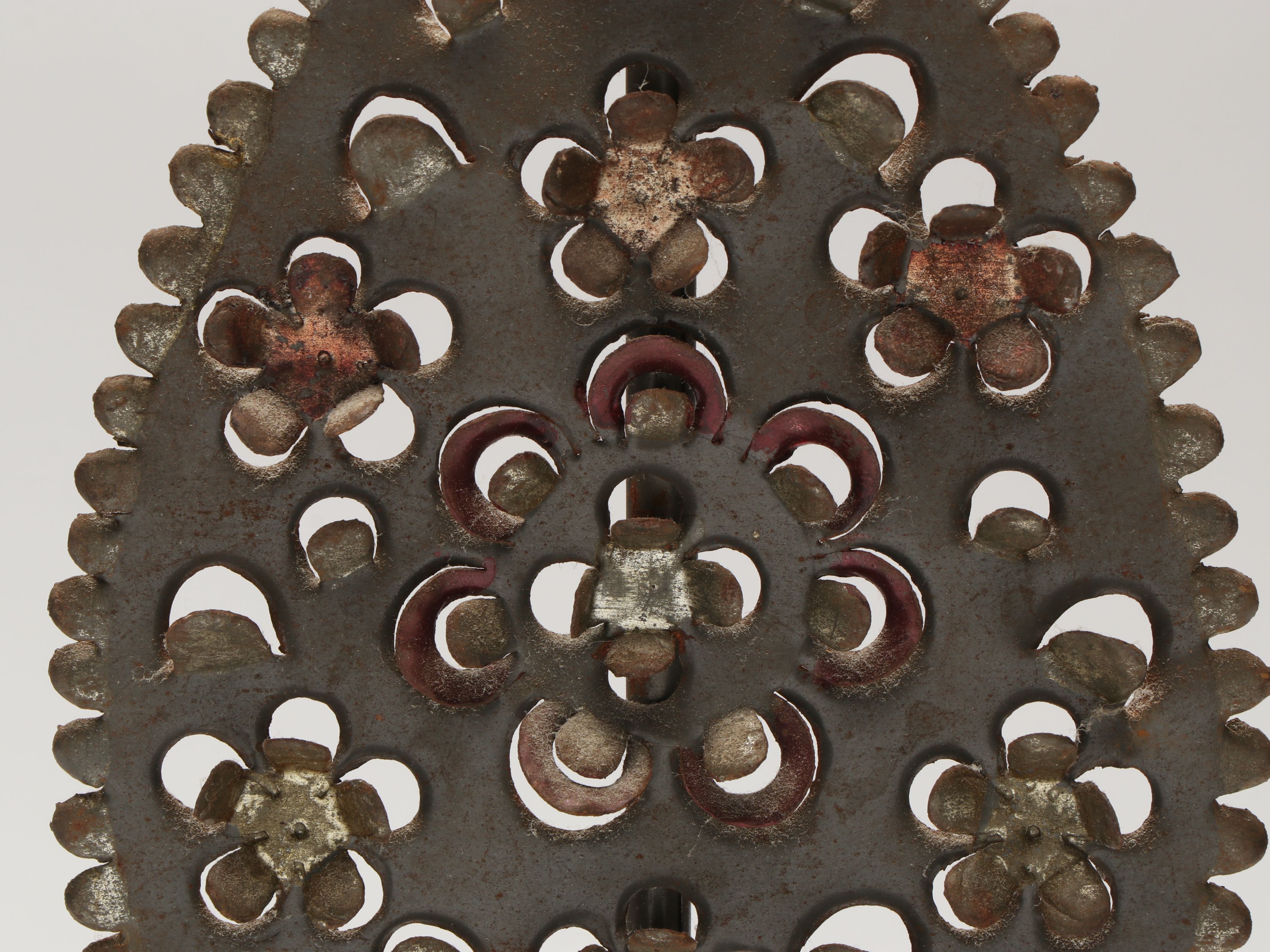 Mexican Stampwork Metal Garniture Pair and Fluted Decorative Wooden Wall Corbel