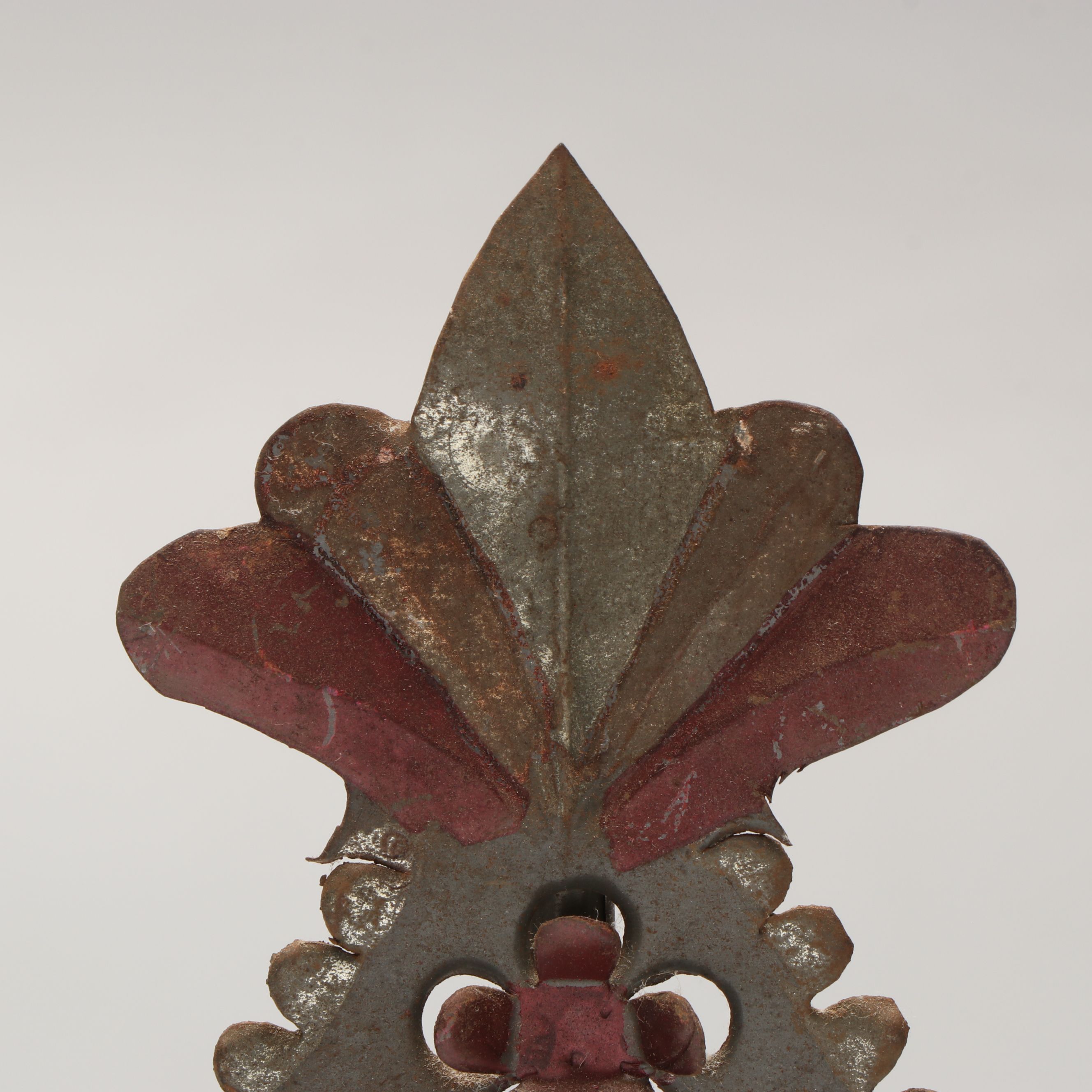 Mexican Stampwork Metal Garniture Pair and Fluted Decorative Wooden Wall Corbel