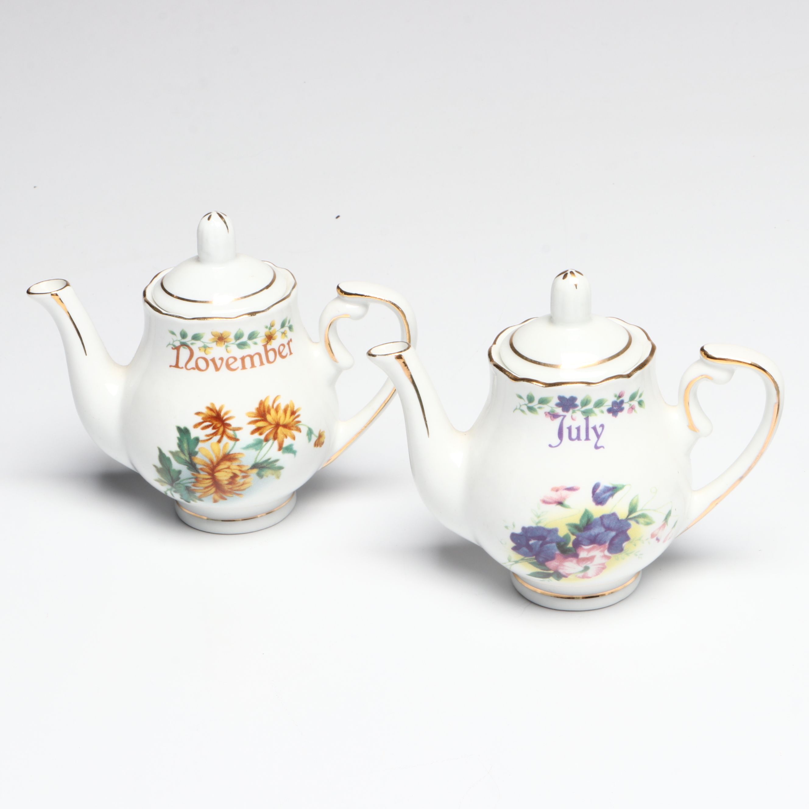 Ebeling & Reuss "Bouquet of the Month" Porcelain and Dillards Gilt Teapots
