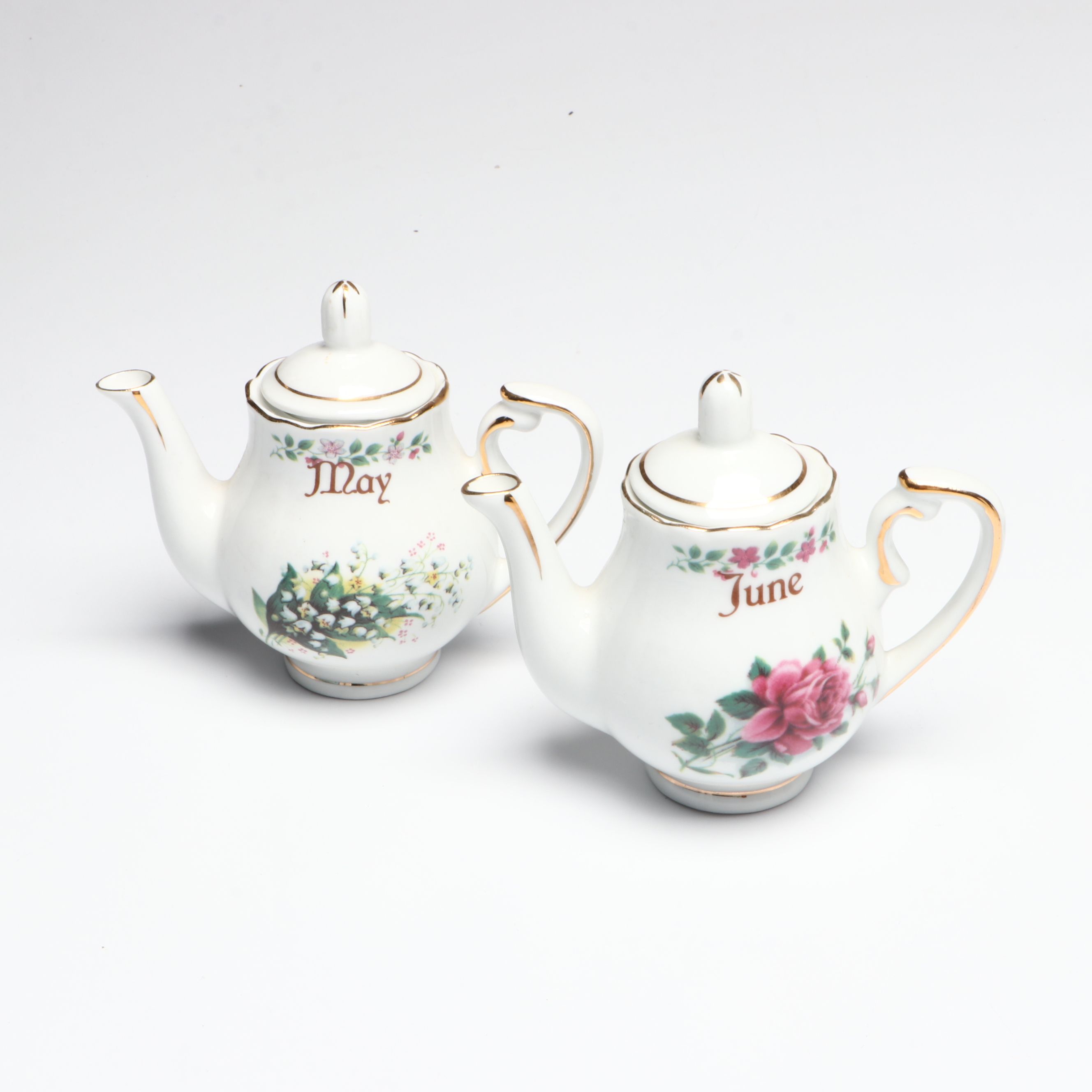 Ebeling & Reuss "Bouquet of the Month" Porcelain and Dillards Gilt Teapots