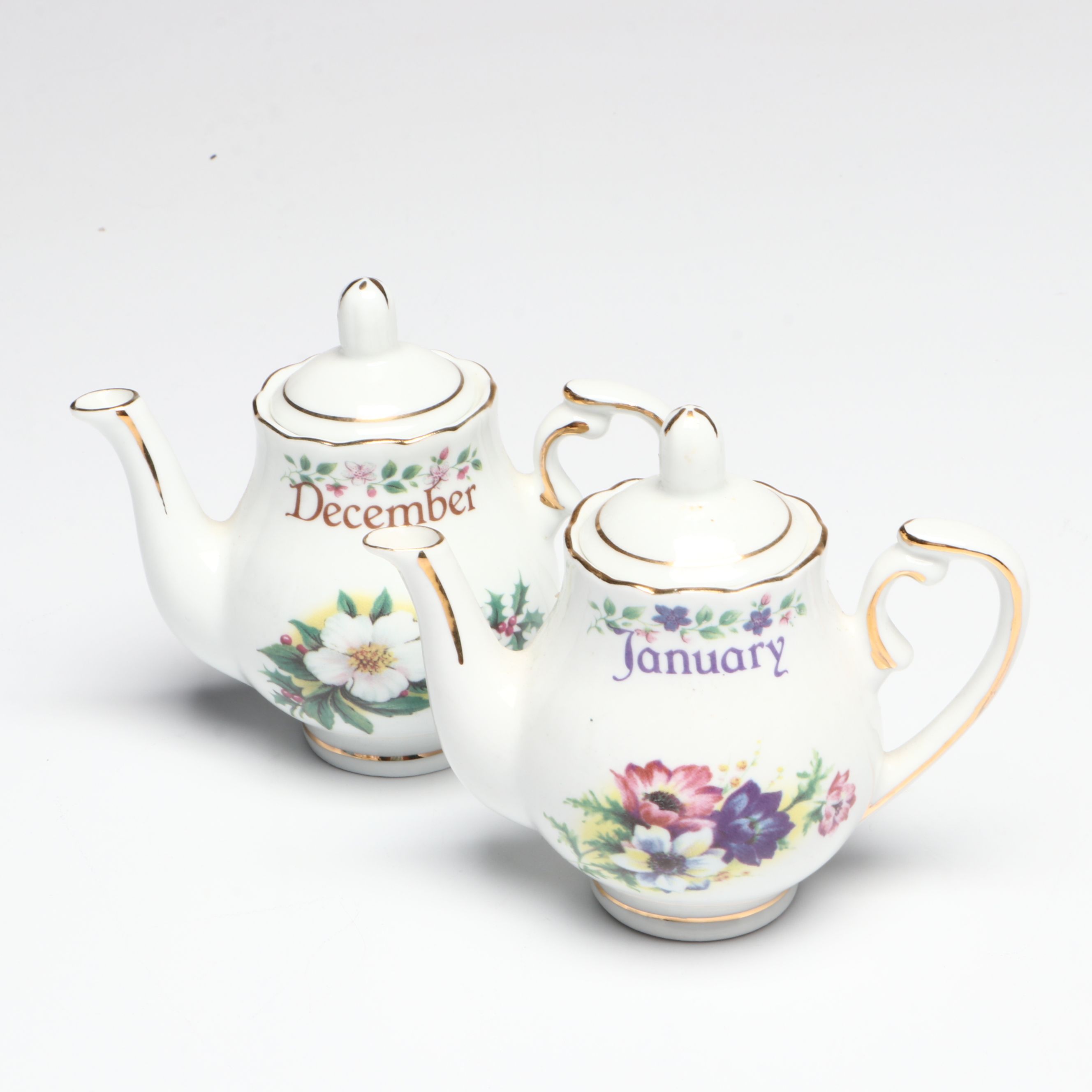 Ebeling & Reuss "Bouquet of the Month" Porcelain and Dillards Gilt Teapots