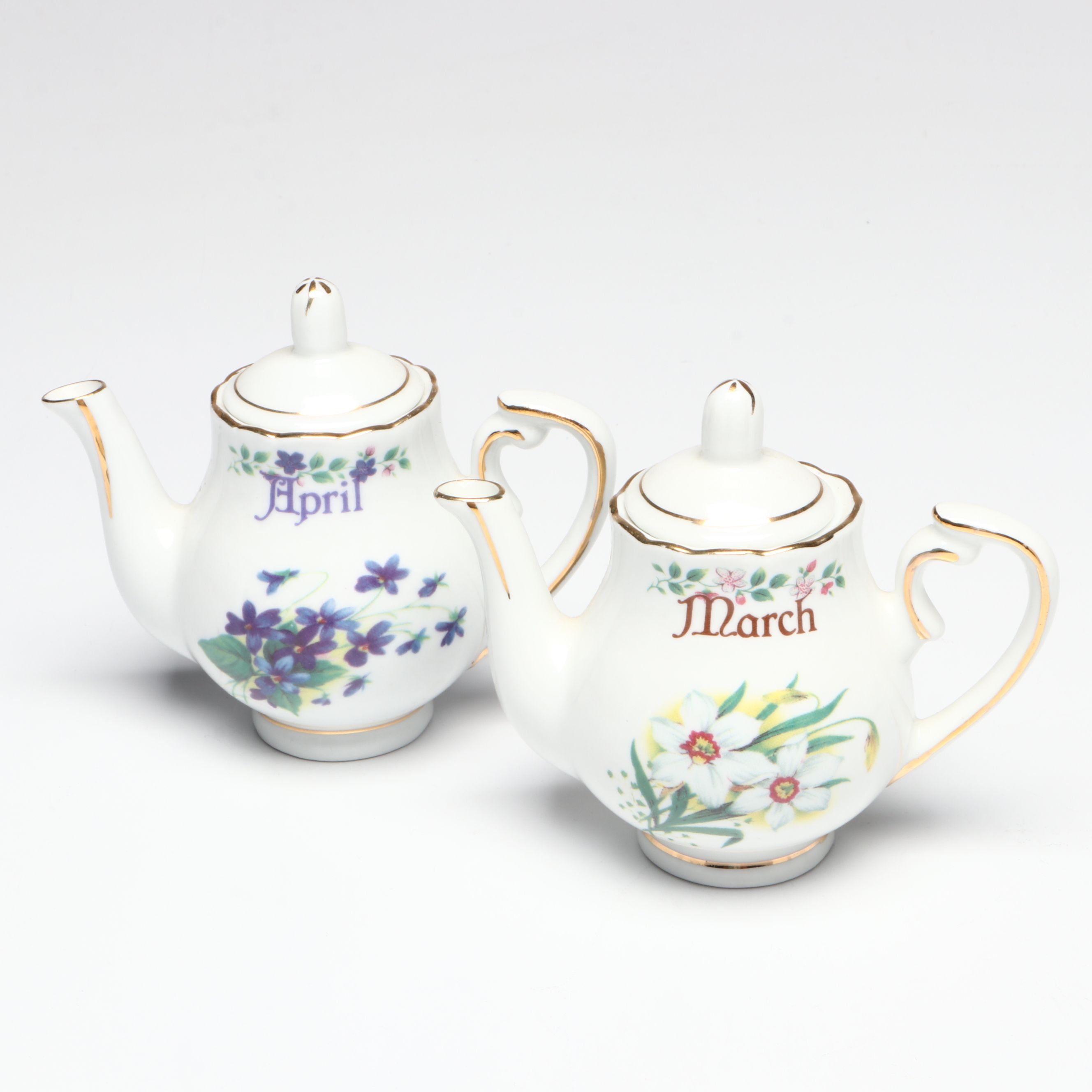 Ebeling & Reuss "Bouquet of the Month" Porcelain and Dillards Gilt Teapots