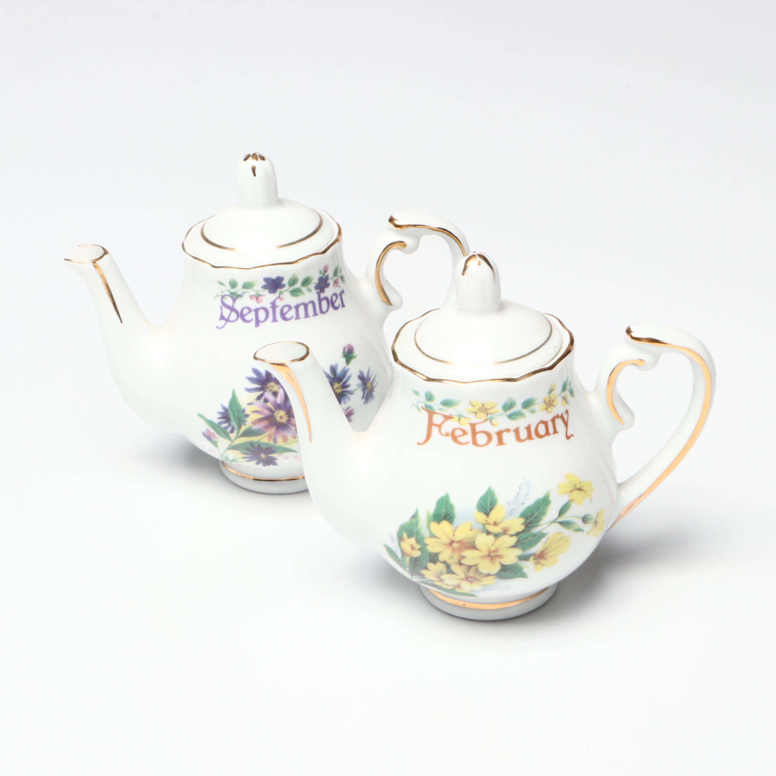 Ebeling & Reuss "Bouquet of the Month" Porcelain and Dillards Gilt Teapots