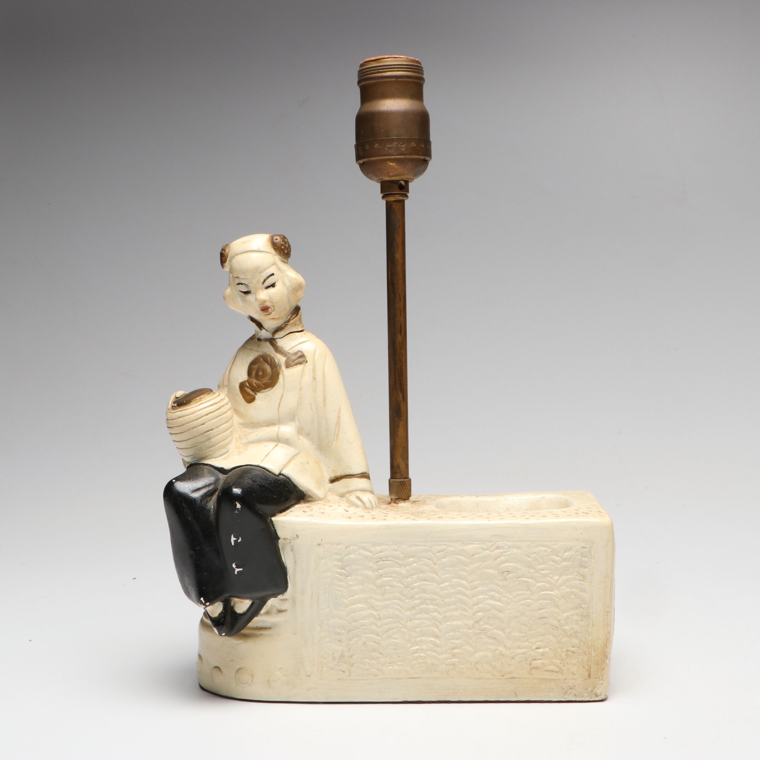 Pair of Mid Century Modern Chalkware Oriental Couple Accent Lamps, Mid-20th C