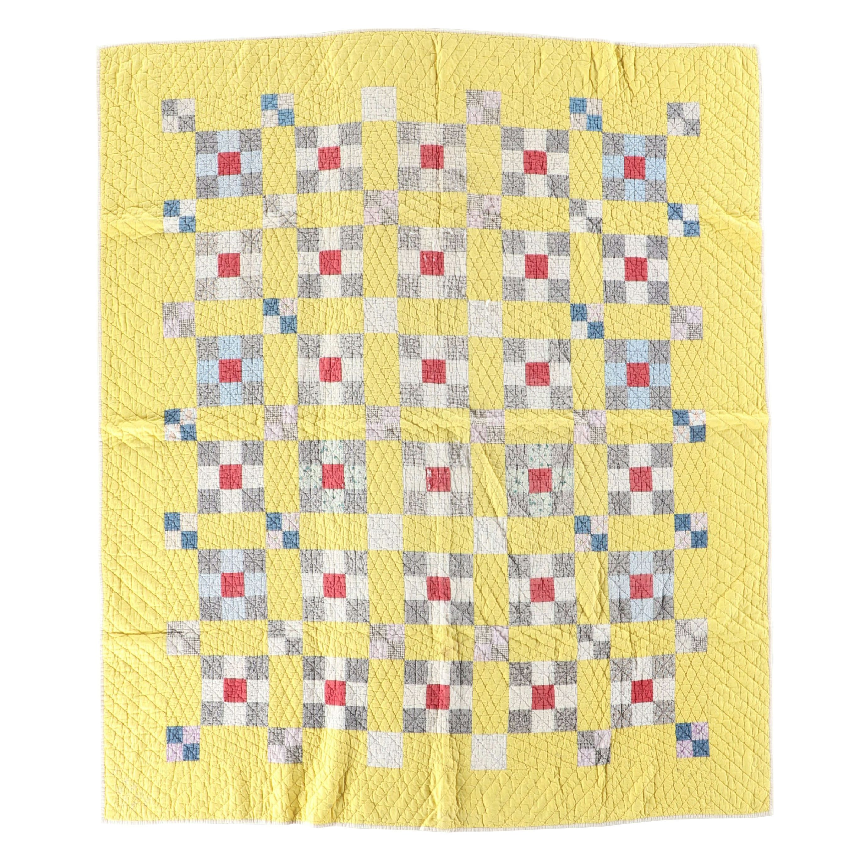 Handcrafted "Nine-Patch" Yellow Cotton Quilt