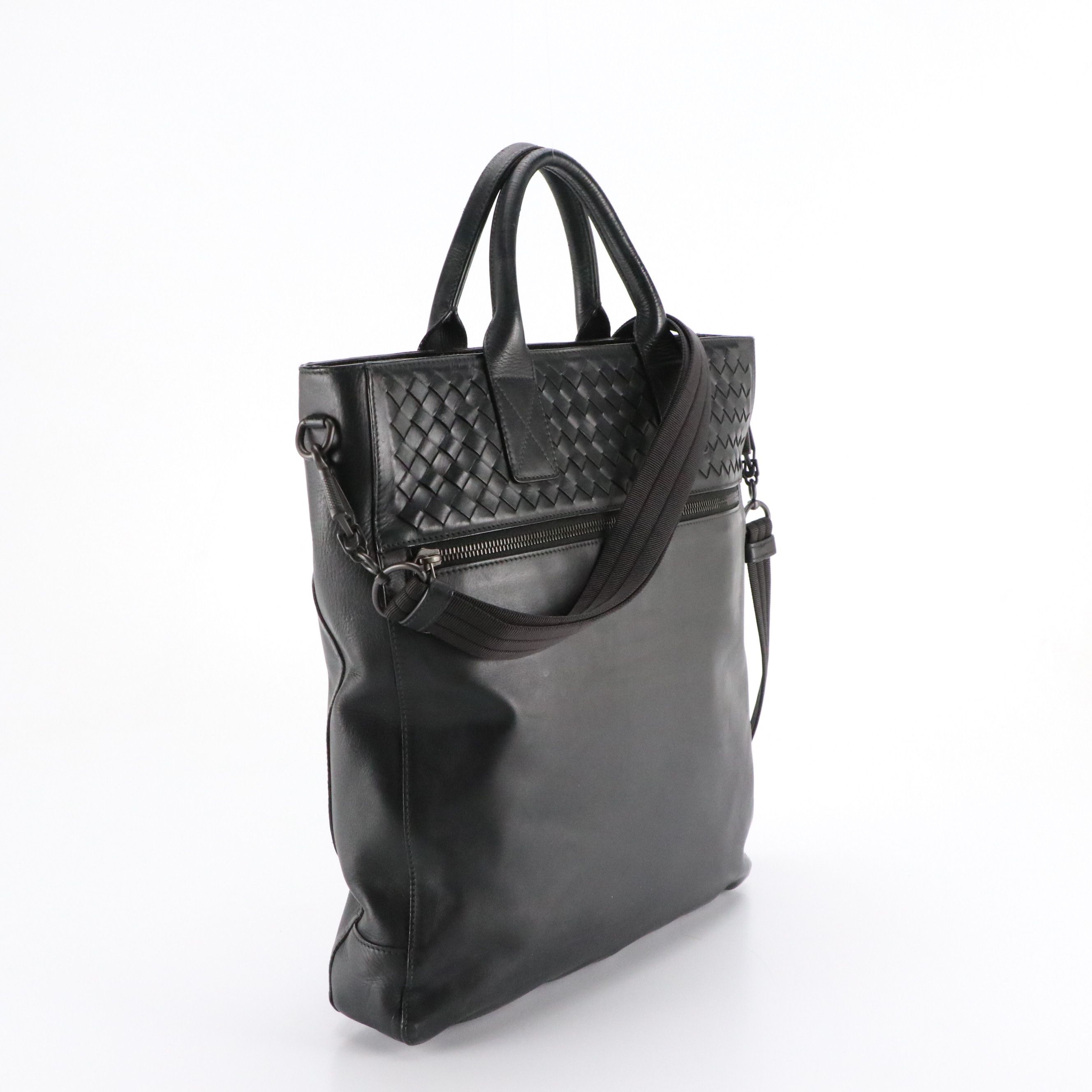 Bottega Veneta Two-Way Messenger Tote Bag in Black Leather & Intrecciato Accents