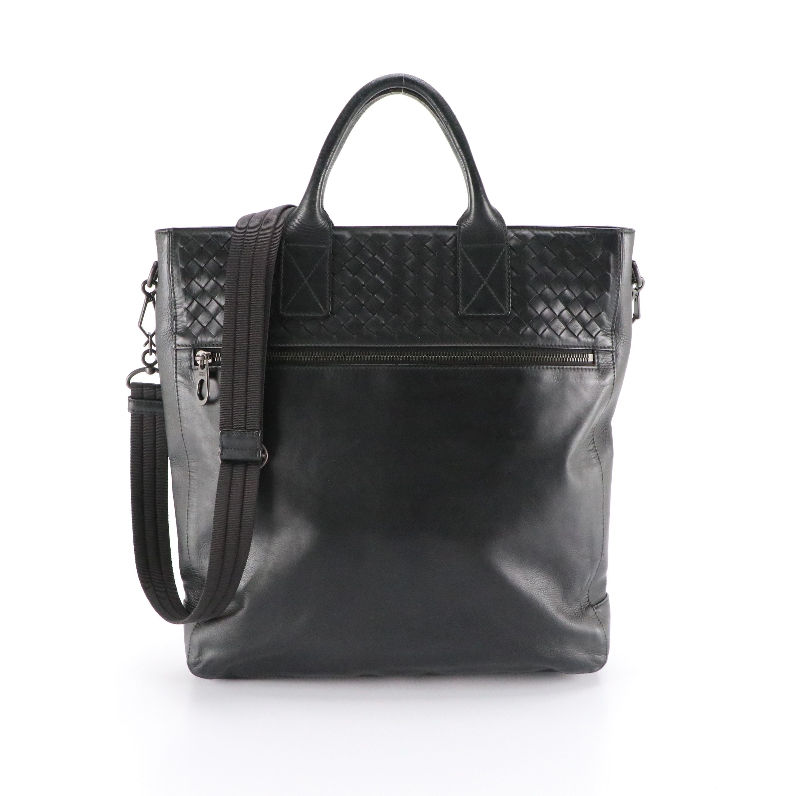 Bottega Veneta Two-Way Messenger Tote Bag in Black Leather & Intrecciato Accents