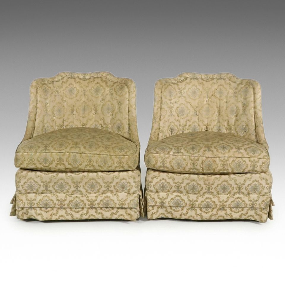 Pair of Henredon Damask Upholstered Slipper Chairs, Mid to Late 20th Century