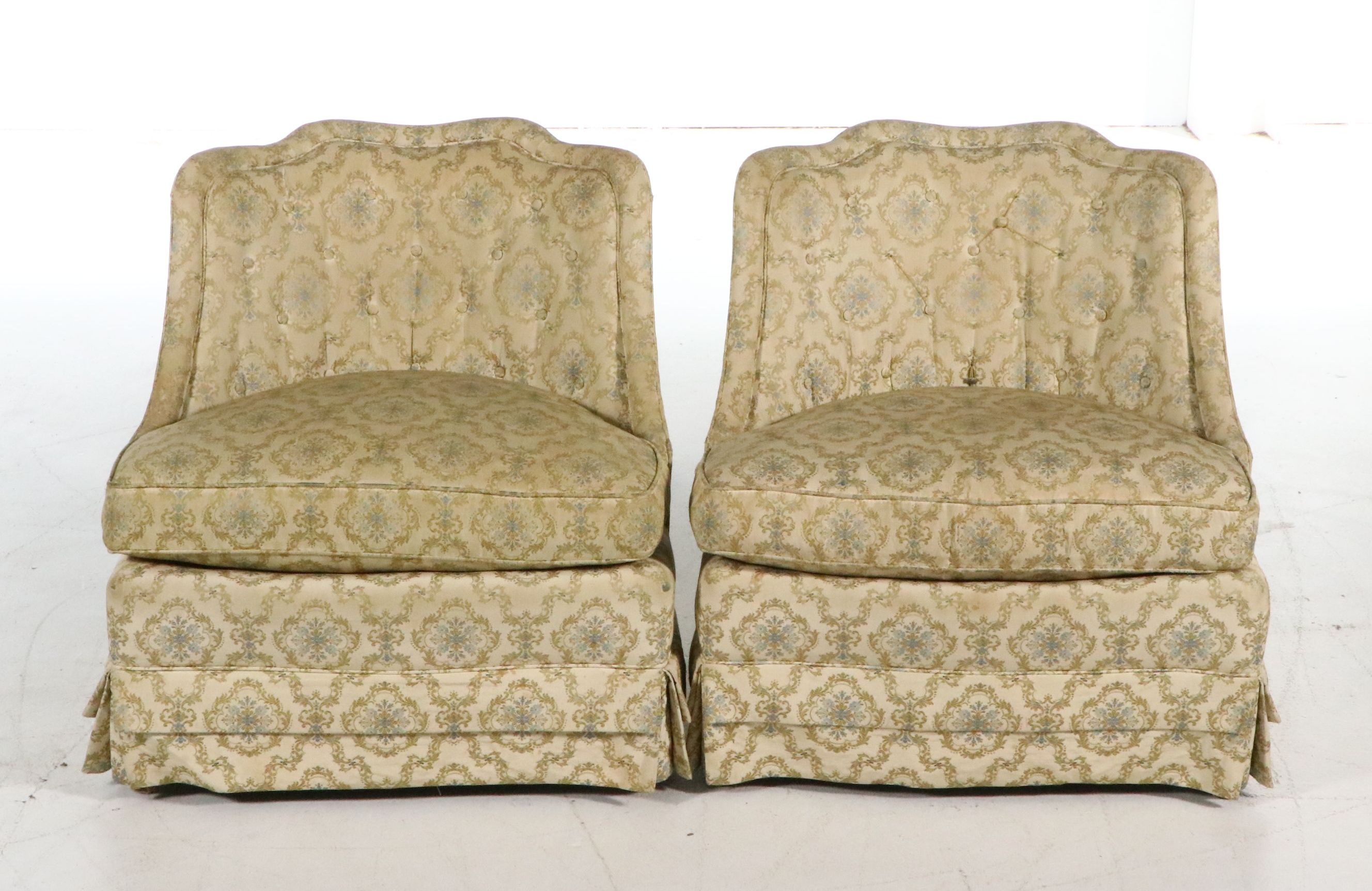 Pair of Henredon Damask Upholstered Slipper Chairs, Mid to Late 20th Century