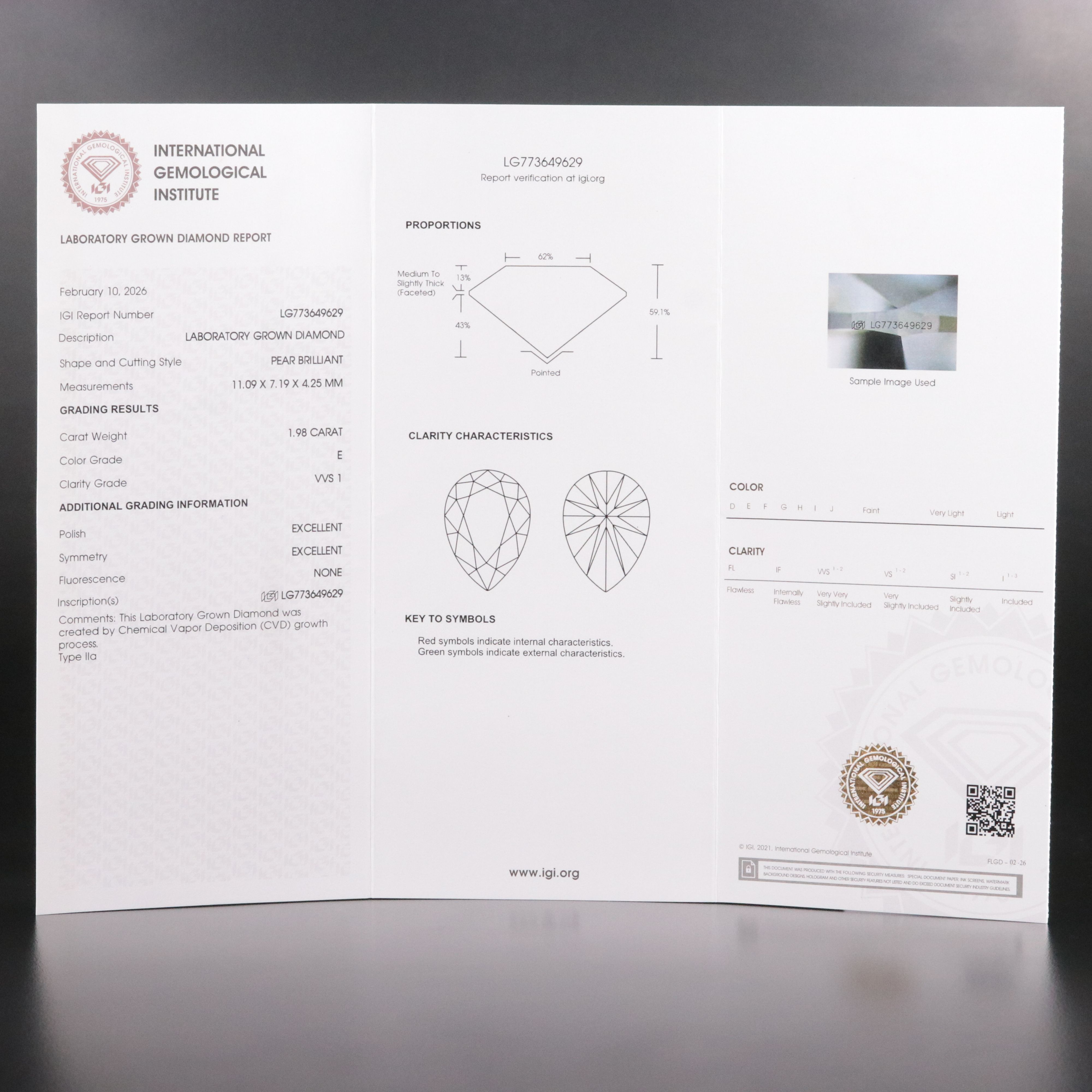 Loose 1.98 CT Lab Grown Diamond with IGI Report
