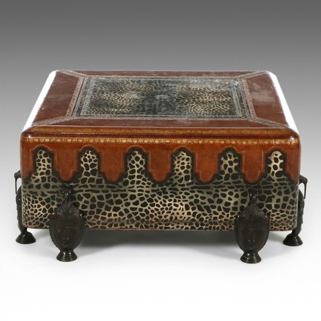 Maitland-Smith Leather and Animal Print Ottoman, Late 20th Century