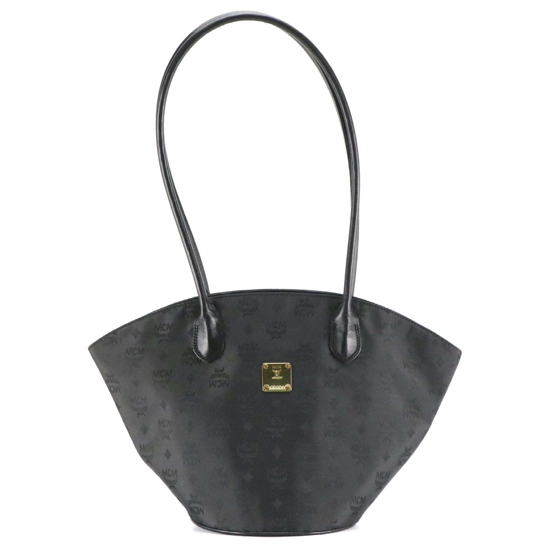 MCM Long Handle Bucket Bag in Black Monogram Nylon Jacquard and Leather