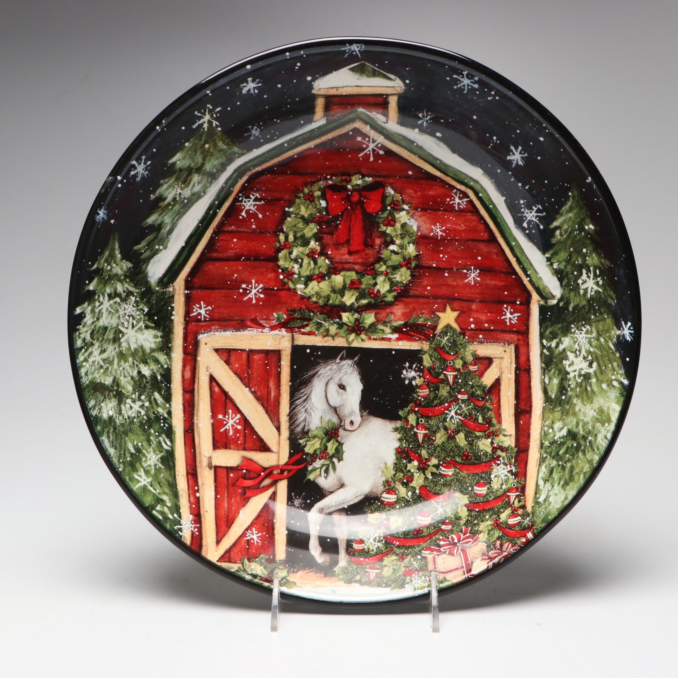 Certified International Christmas Ceramic Pitcher, Bowl, and Candle Holders