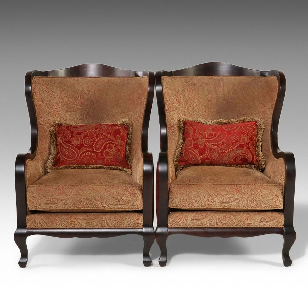 Pair of Camden Collection Paisley Upholstered Wingback Armchairs