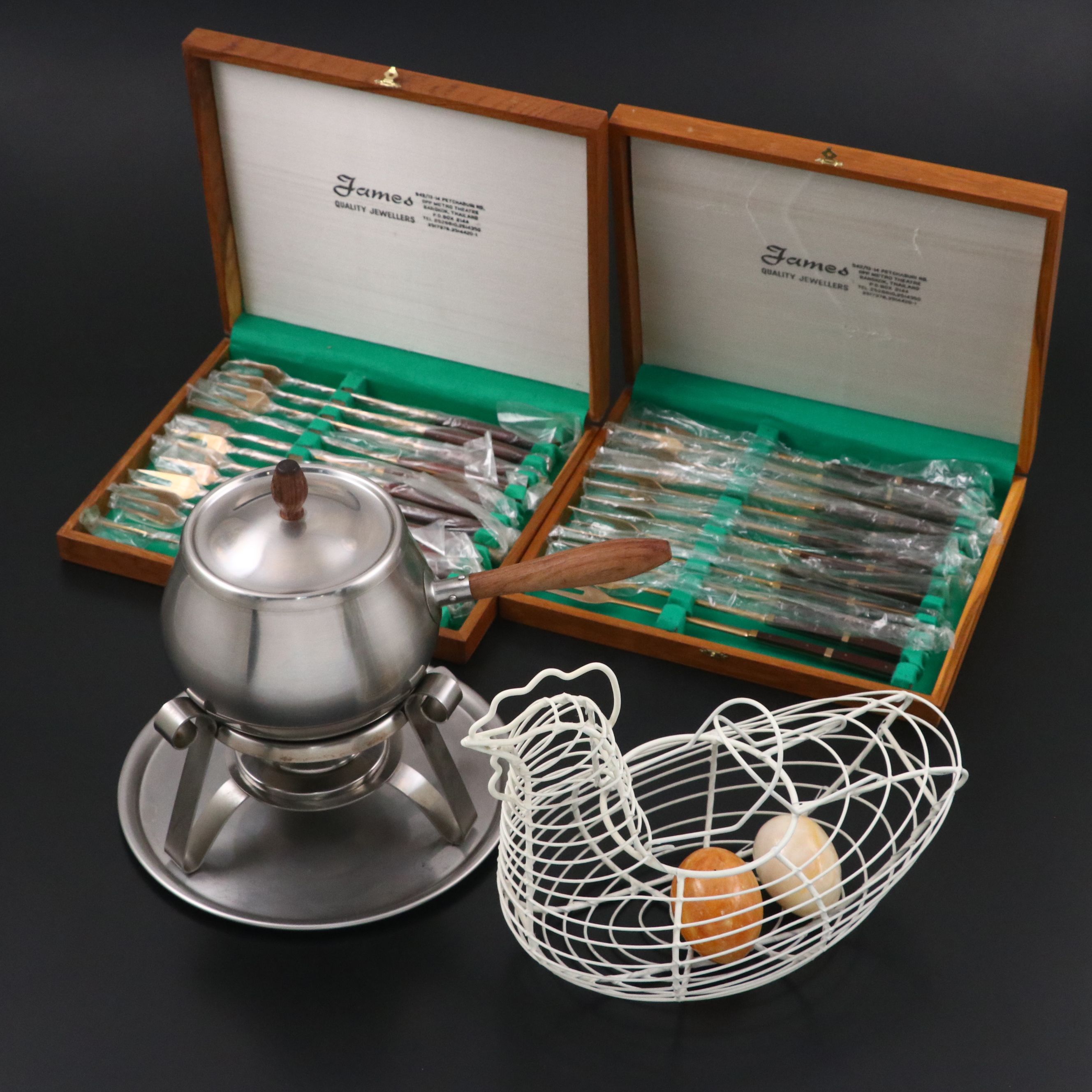 Reed & Barton Stainless Steel Chafing Dish, Wire Egg Basket, and Fork Sets