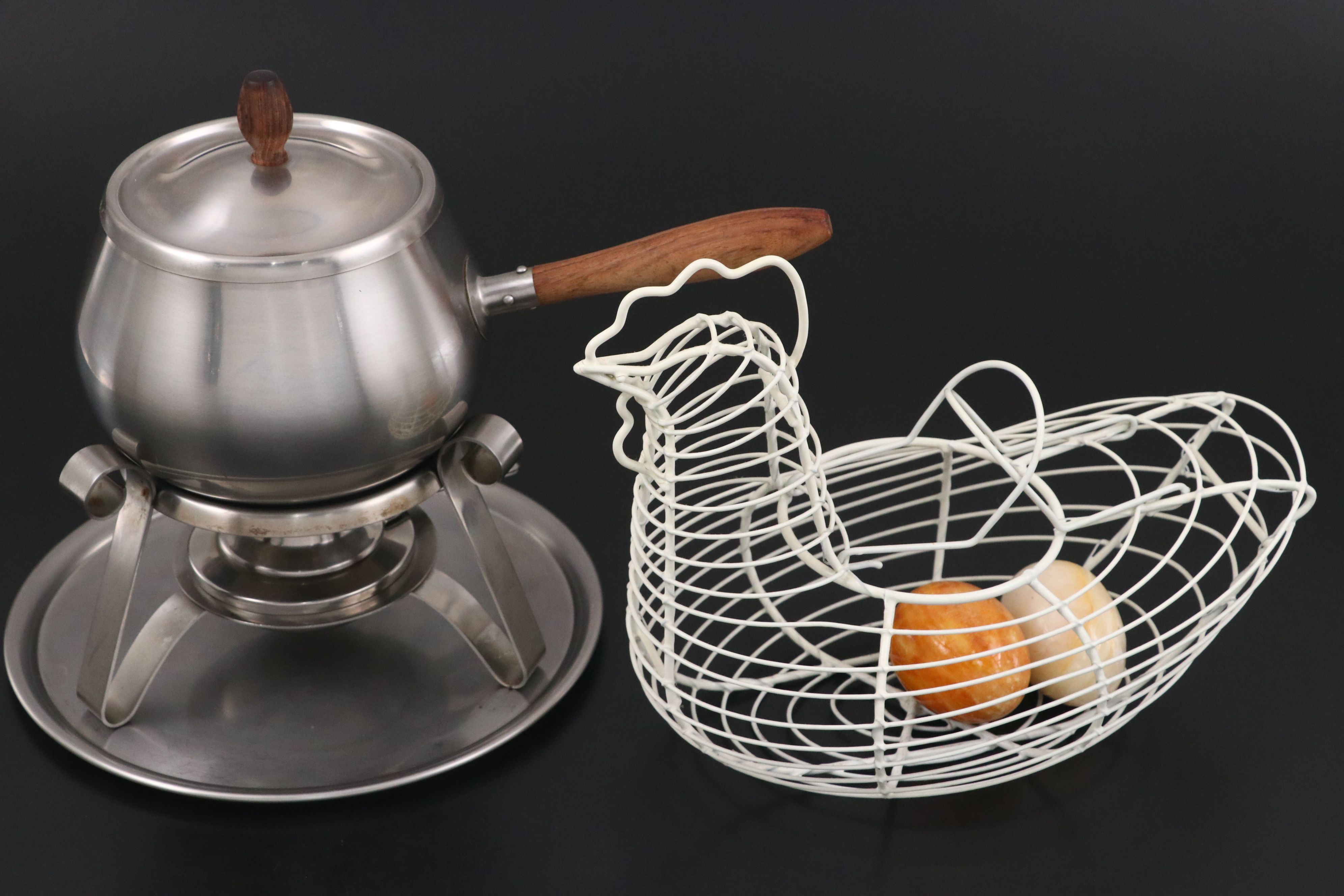 Reed & Barton Stainless Steel Chafing Dish, Wire Egg Basket, and Fork Sets