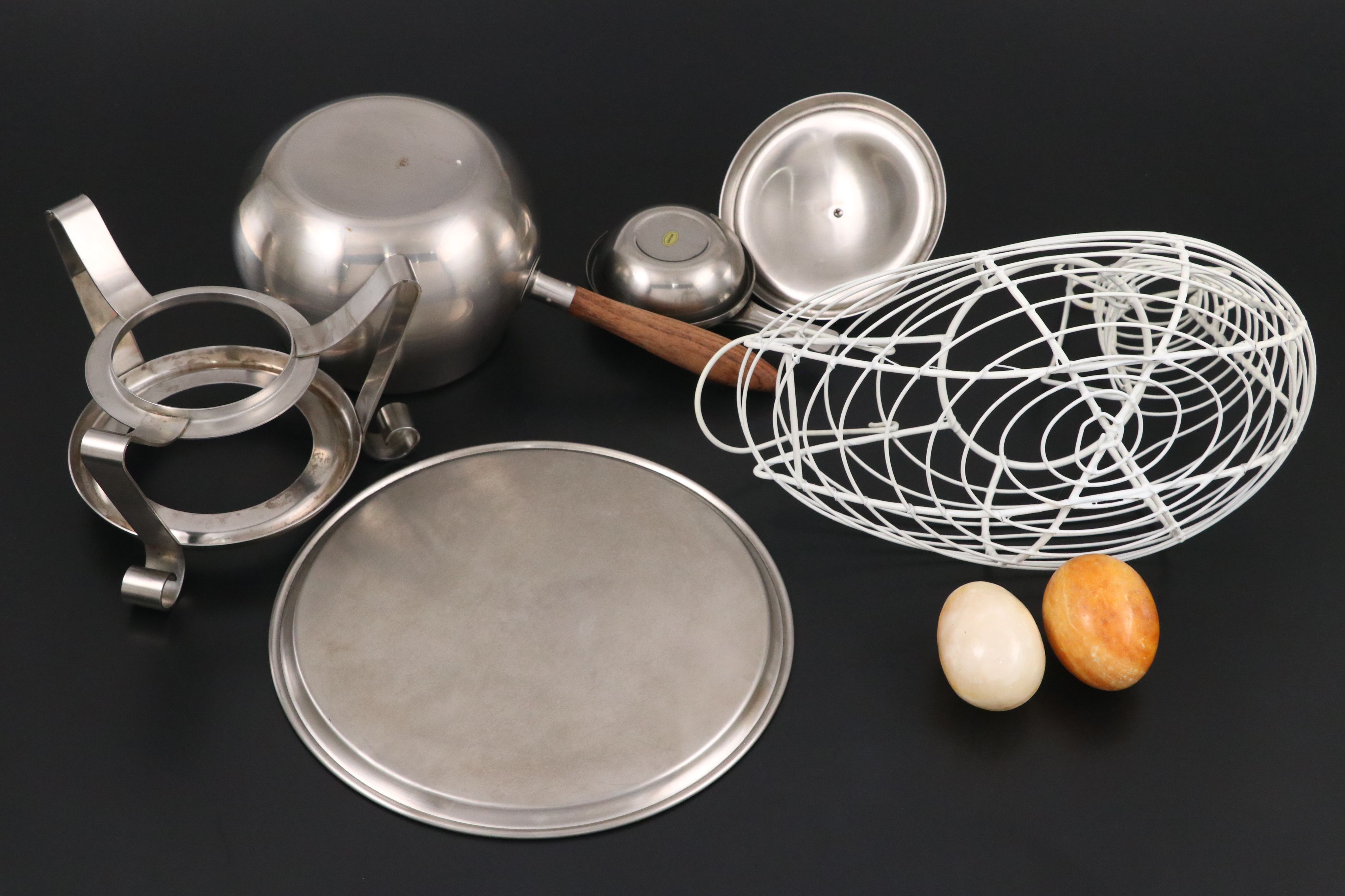 Reed & Barton Stainless Steel Chafing Dish, Wire Egg Basket, and Fork Sets