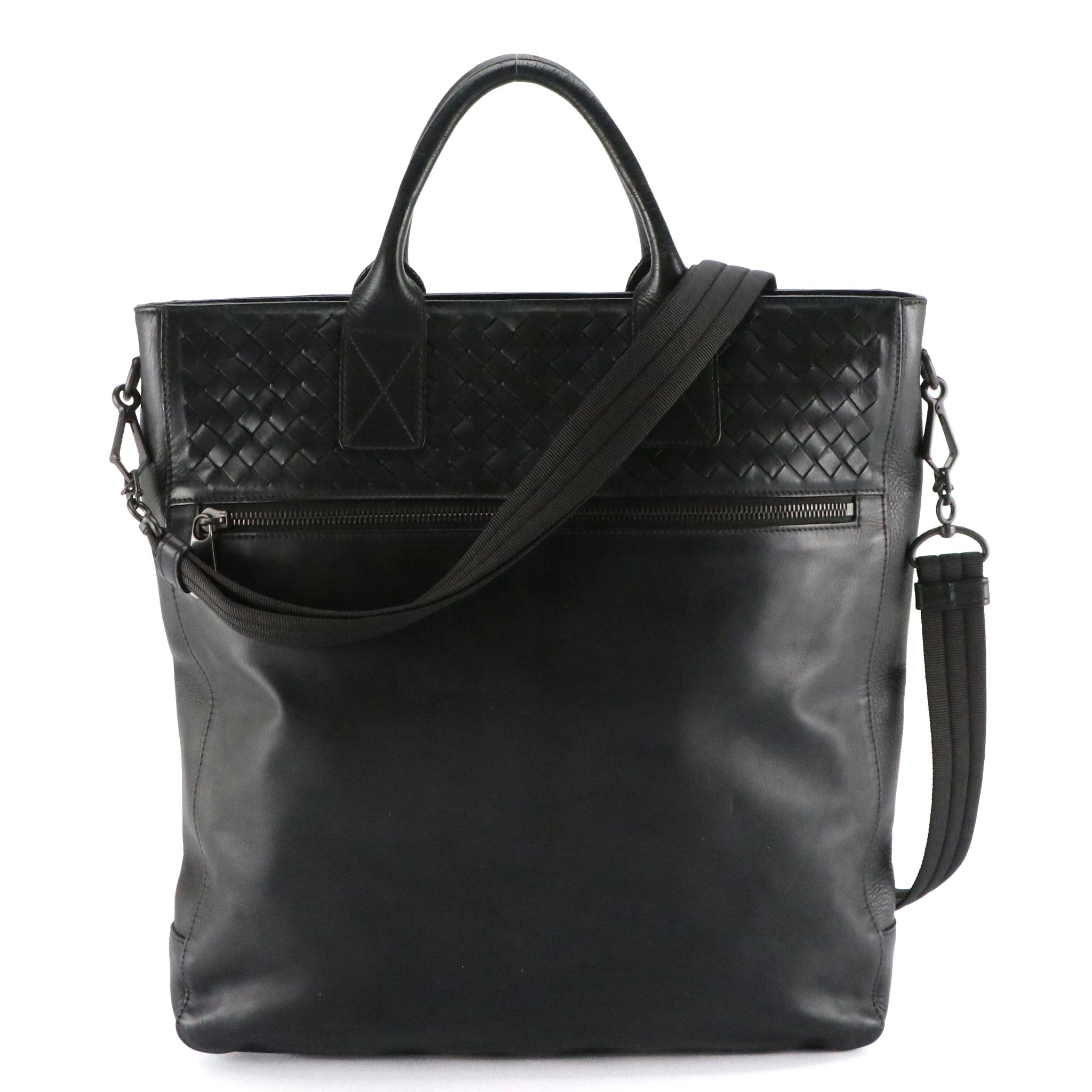 Bottega Veneta Two-Way Messenger Tote Bag in Black Leather & Intrecciato Accents