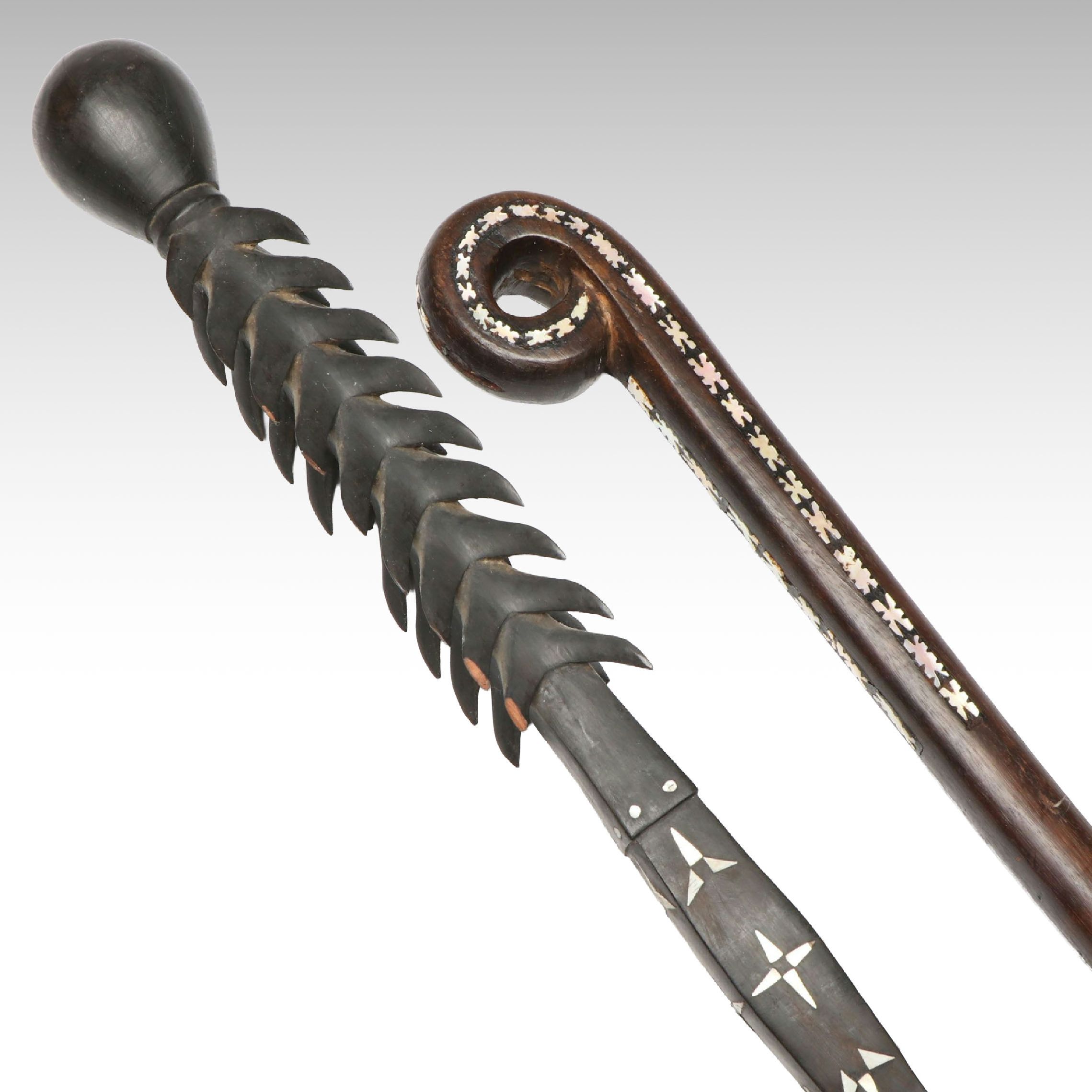 Solomon Islands Rennell Island Staff and Other Mother-of-Pearl Inlaid Wood Staff